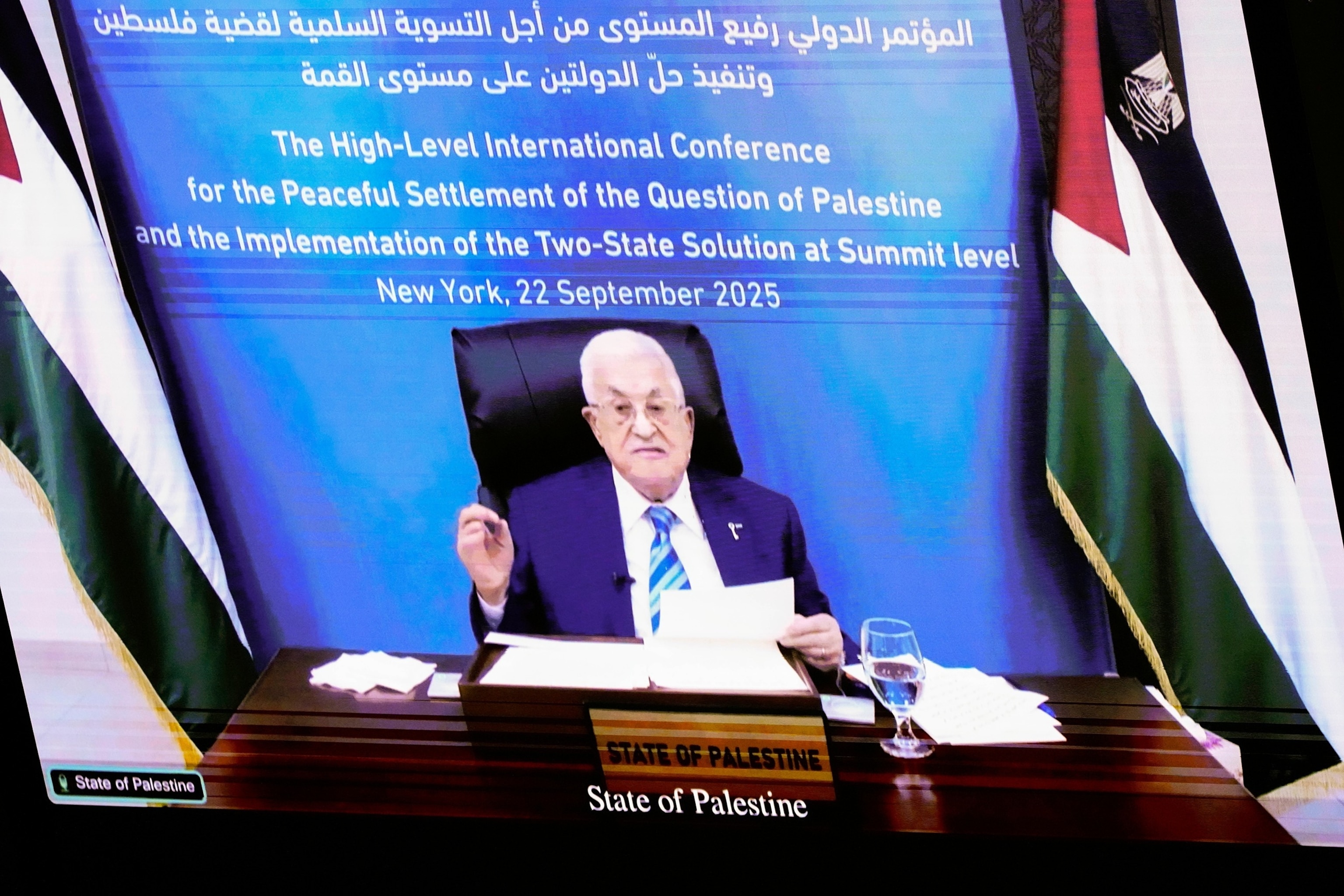 PHOTO: Palestinian President Mahmoud Abbas speaks virtually during a high-profile meeting at the United Nations aimed at galvanizing support for a two-state solution to the Israeli-Palestinian conflict, Sept. 22, 2025, at UN headquarters.