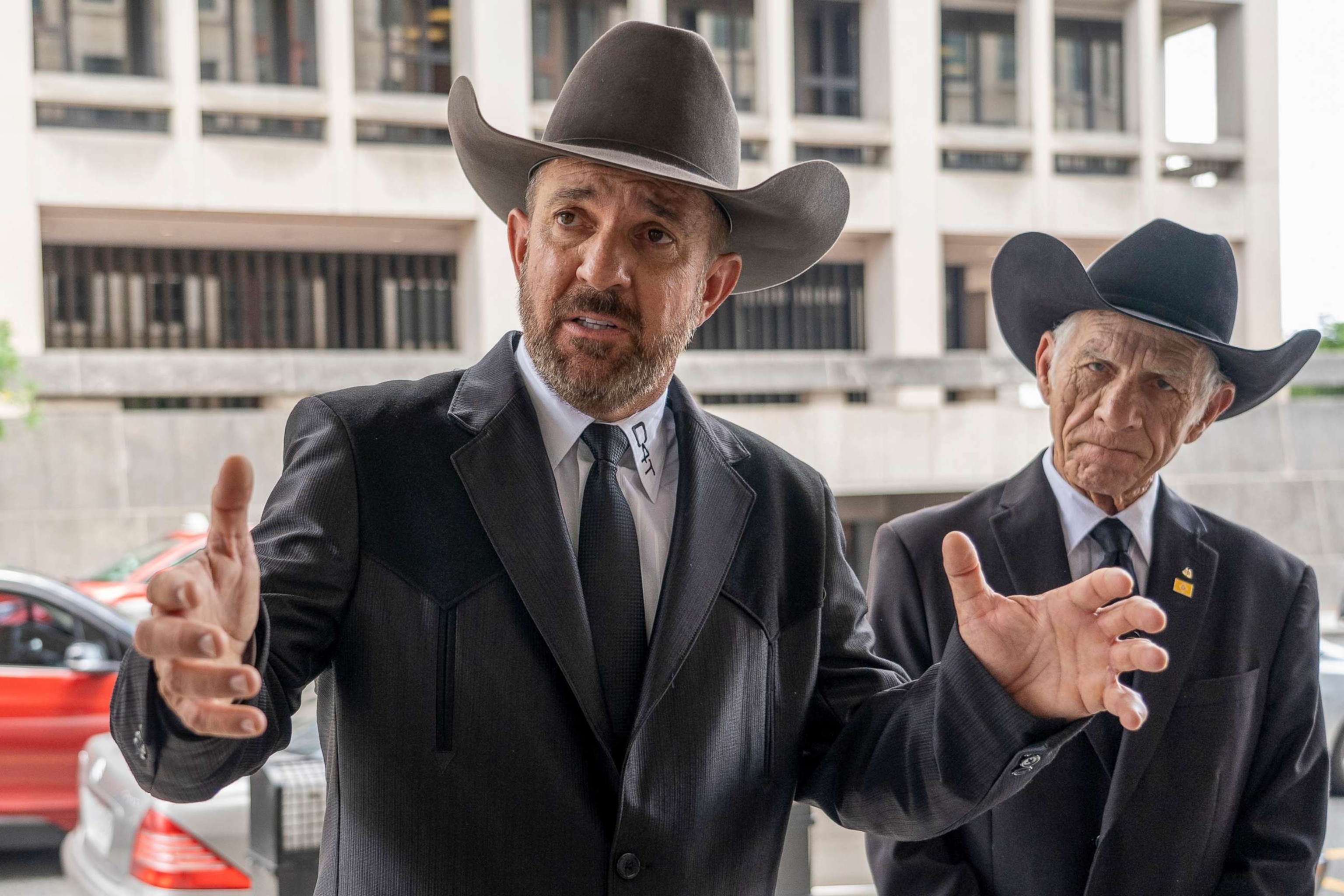 PHOTO: In this June 17, 2022, file photo, Otero County, New Mexico Commissioner Couy Griffin speaks to reporters as he arrives at federal court in Washington, D.C.