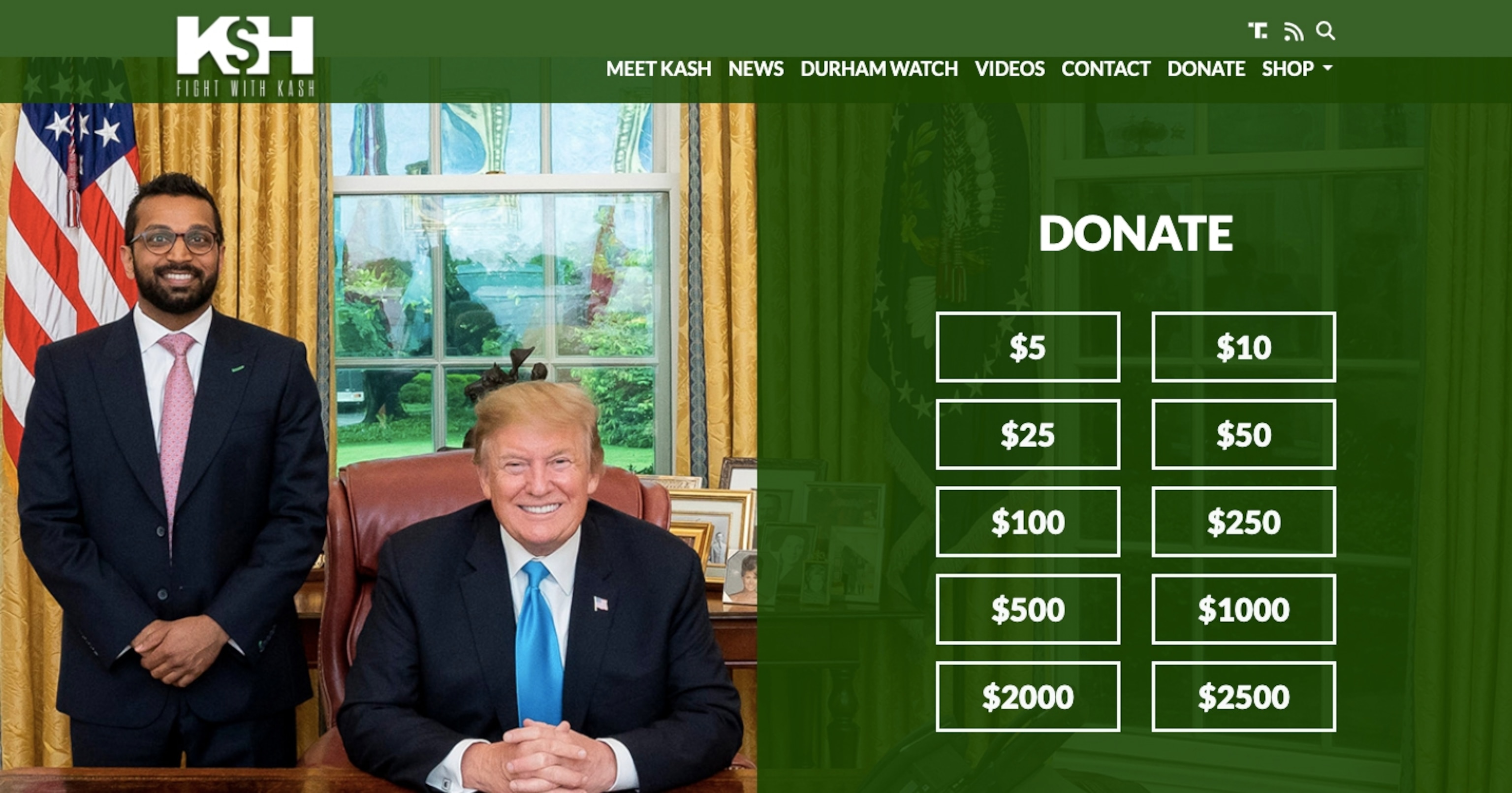 PHOTO: Kash Patel and former U.S. President Donald Trump are seen on the homepage of FightWithKash.com, as captured on Feb. 24, 2023.