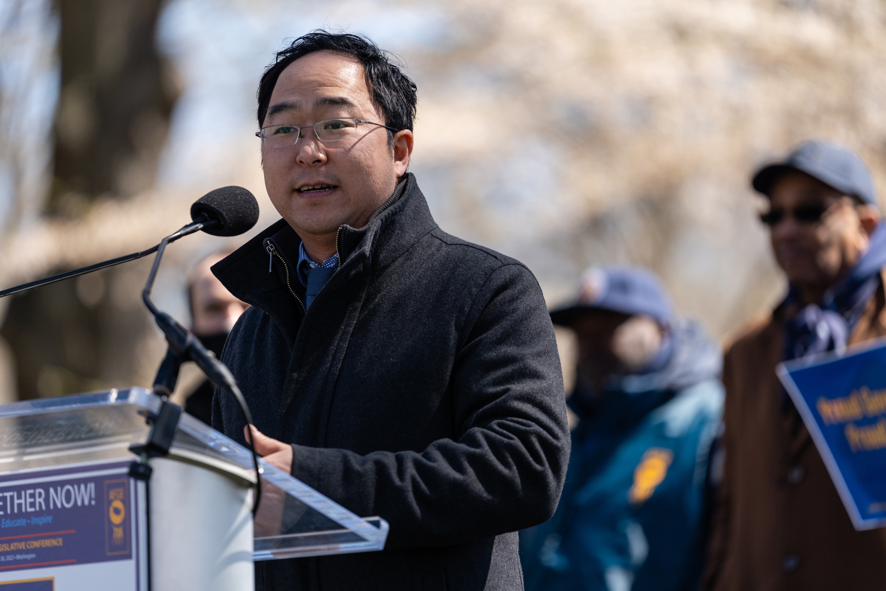 PHOTO: Representative Andy Kim, D-N.J., speaks during an American Federation of Government Employees rally for worker's rights on Capitol Hill, March 29, 2022, Washington. 