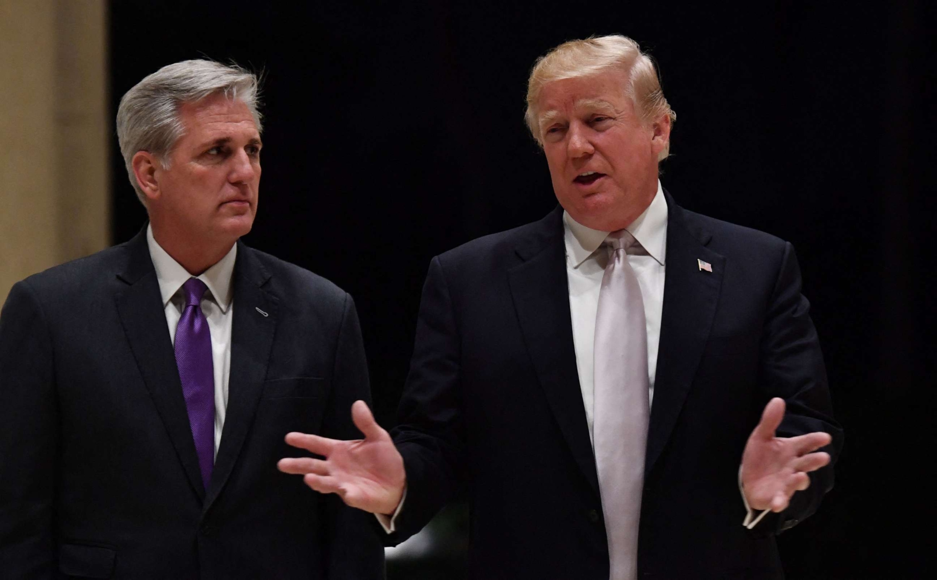 PHOTO: President Donald Trump speaks with House Majority Leader Kevin McCarthy in West Palm Beach, Jan. 14, 2018.