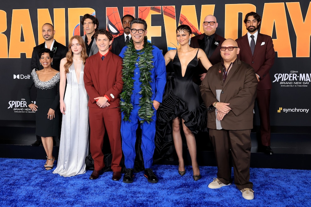 PHOTO: Liza Colón-Zayas, Michael Mando, Sadie Sink, Jon Bernthal, Tom Holland, Tramell Tillman, Zendaya, Marvin Jones III, Jacob Batalon and Eman Esfandi attend the Los Angeles Premiere of' "Spider-Man: Brand New Day" on July 27, 2026.