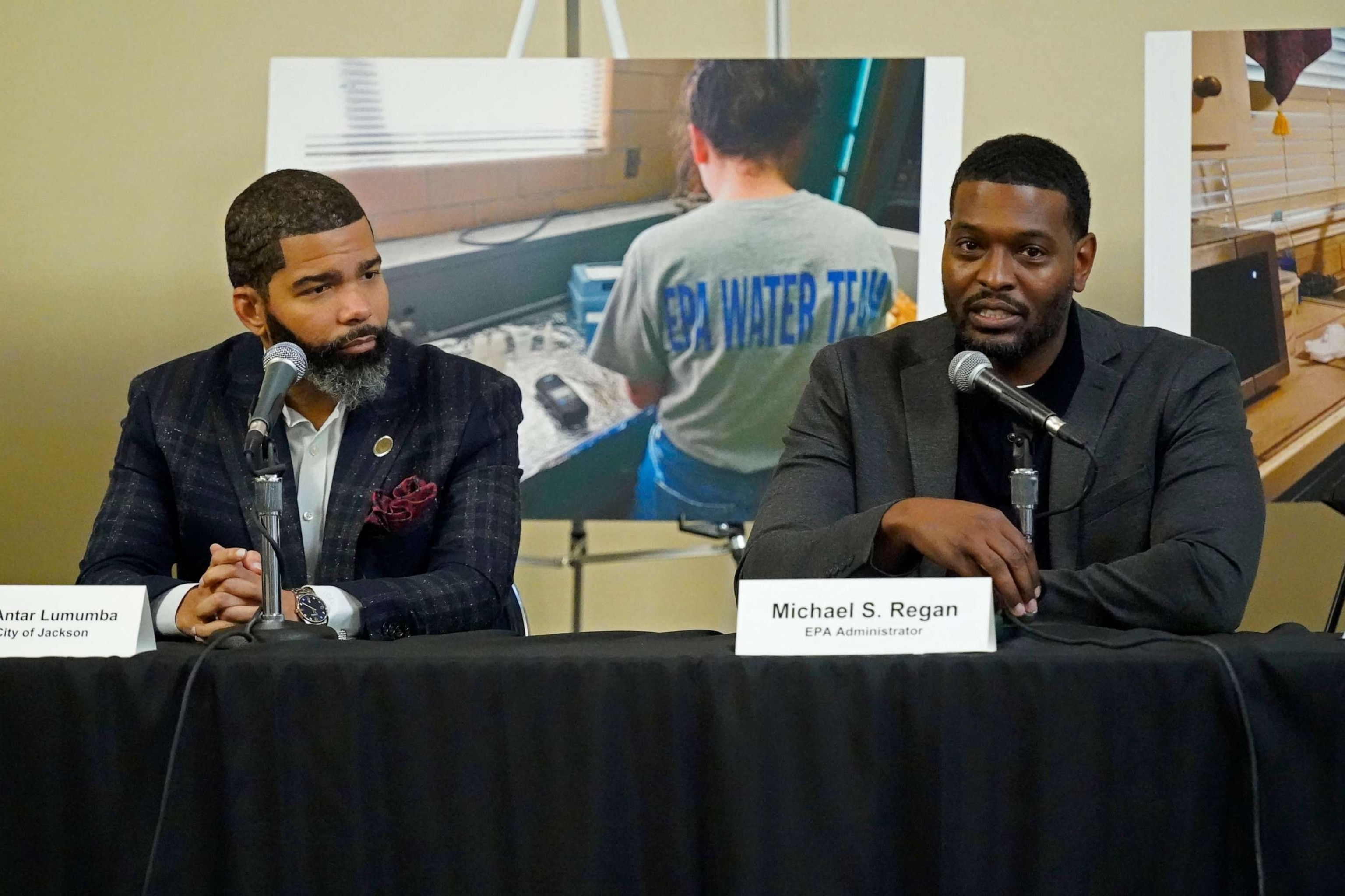 PHOTO: EPA Administrator Michael S. Regan, right, addresses a round table of Jackson-area businesspeople, community leaders, residents and educators, about the efforts underway to deliver a sustainable water system for residents as Jackson, Nov. 15, 2022.