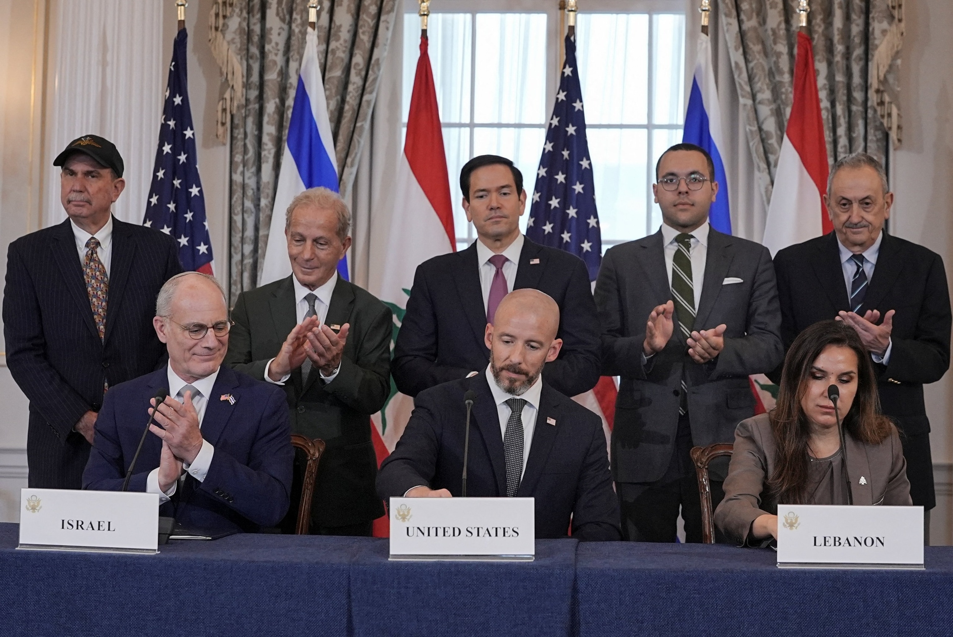 PHOTO: Secretary of State Marco Rubio applauds as Israel and Lebanon sign a framework agreement at the Department of State in Washington, June 26, 2026.