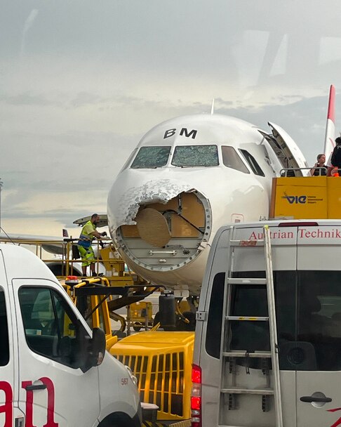 Damage is seen on an Austrian Airlines airplane in Vienna (PHOTO: @emm.ely/Instagram)