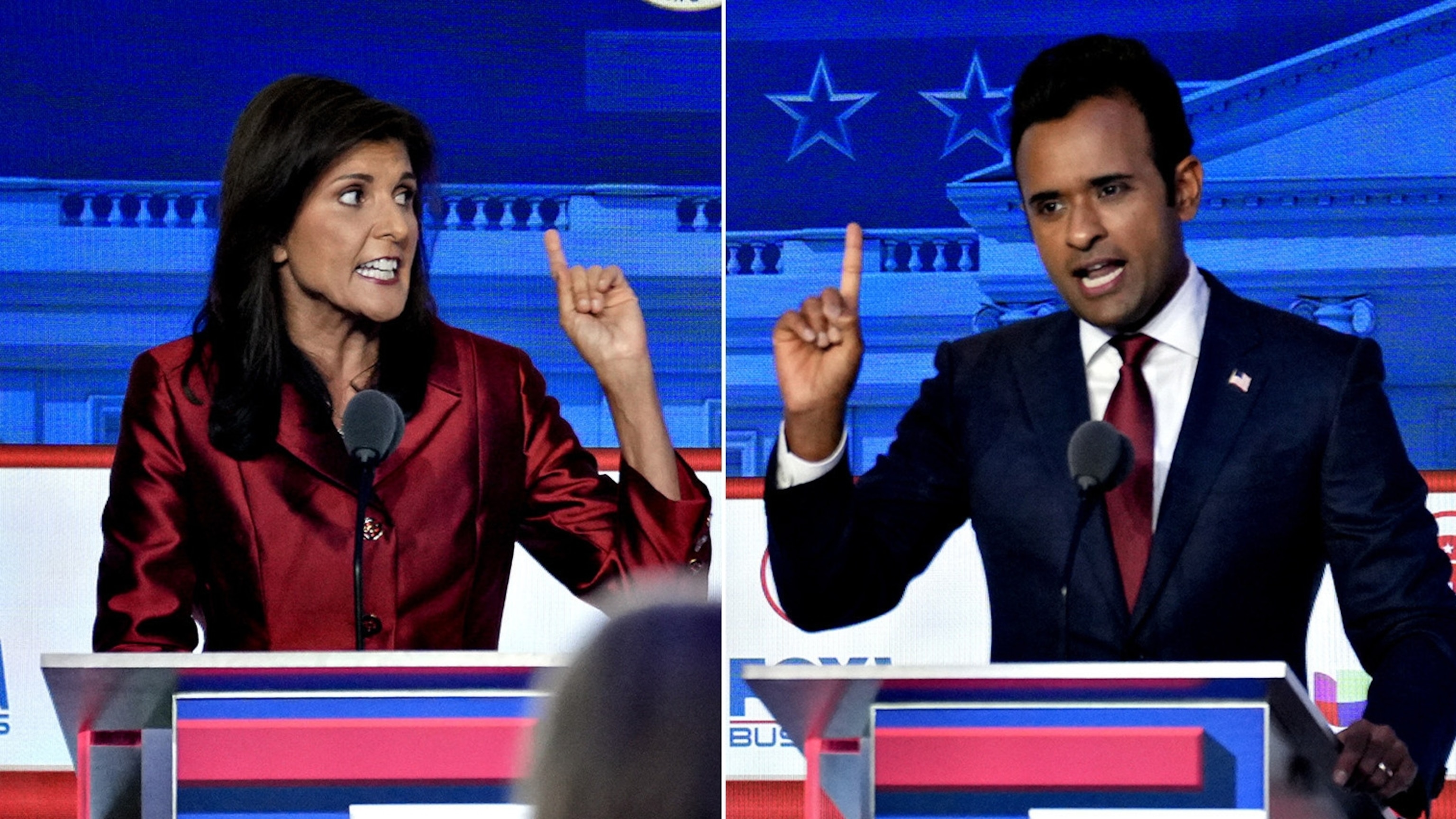 PHOTO: Nikki Haley, left, Ron DeSantis, center, and Vivek Ramaswamy are seen during the Republican primary presidential debate, Sept. 27, 2023, in Simi Valley, Calif.