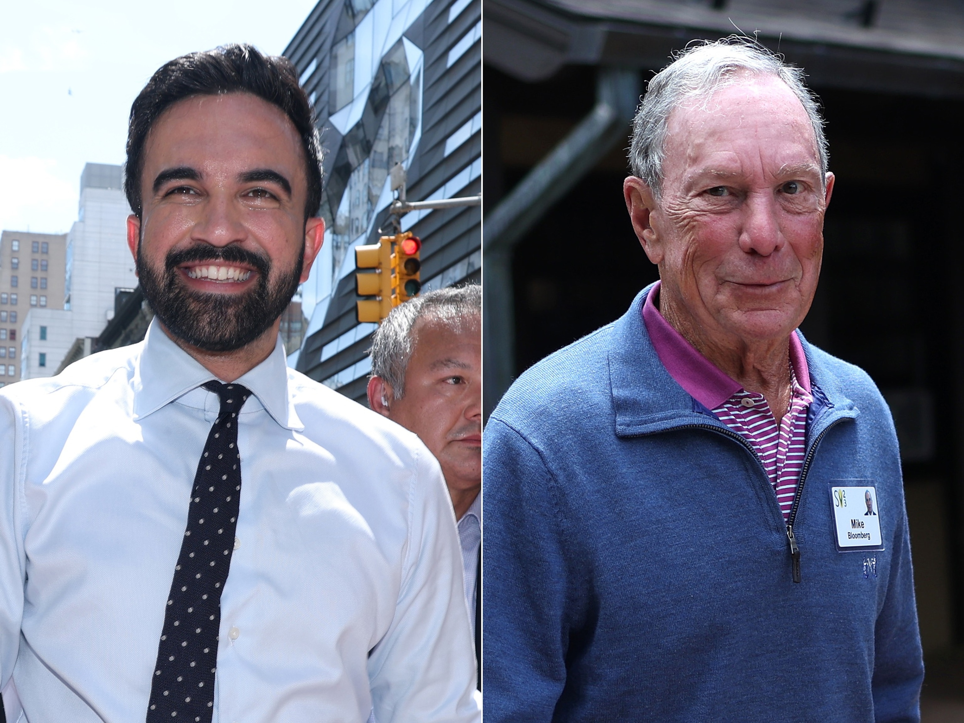 PHOTO:   New York City mayoral candidate Zohran Mamdani attends the 2025 New York City Pride March on June 29, 2025, in New York. | Mike Bloomberg leaves lunch at the Allen & Company Sun Valley Conference on July 12, 2023, in Sun Valley, Idaho. 