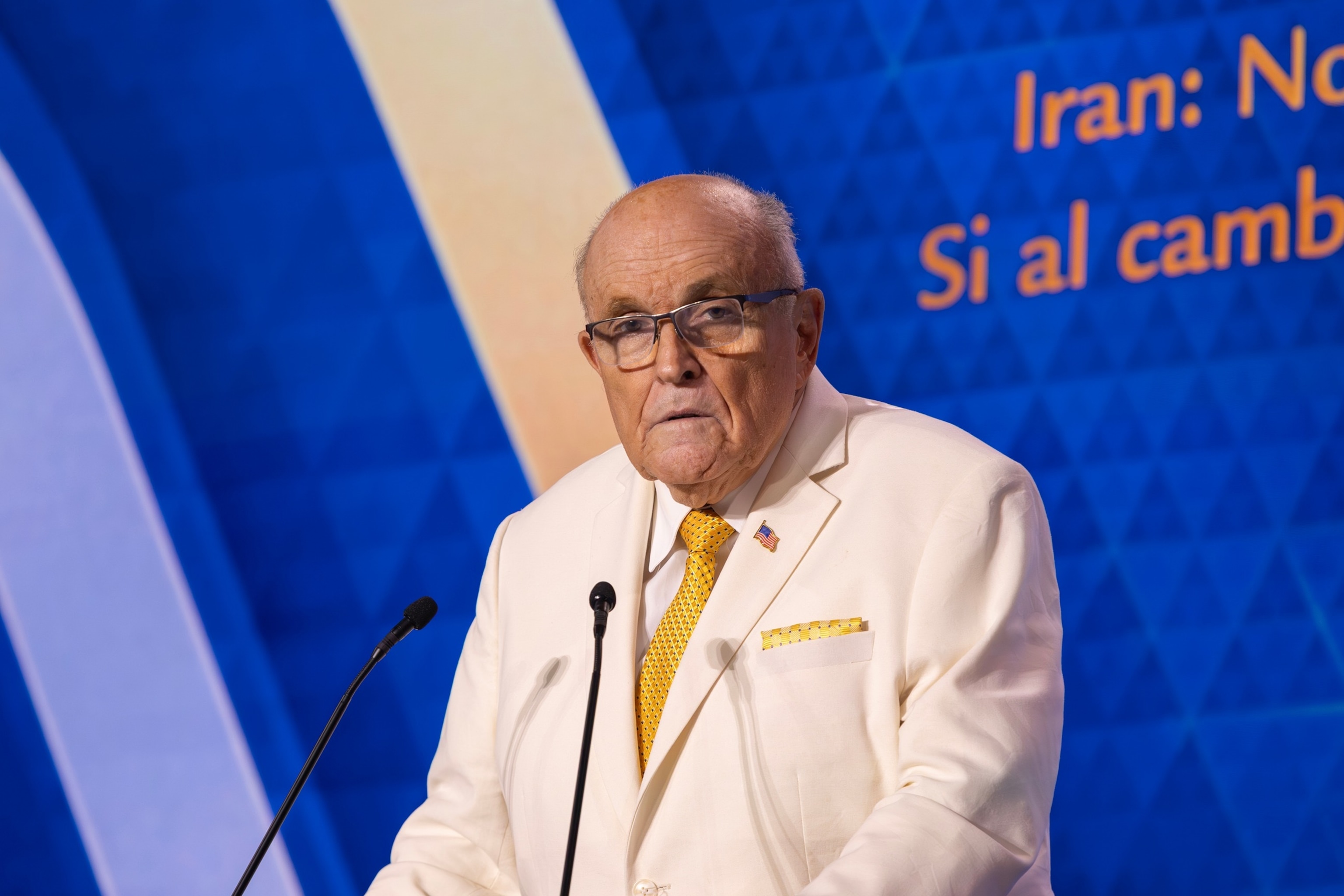 Rudy Giuliani, former mayor of New York City, addresses at the Free Iran World Summit 2025.
