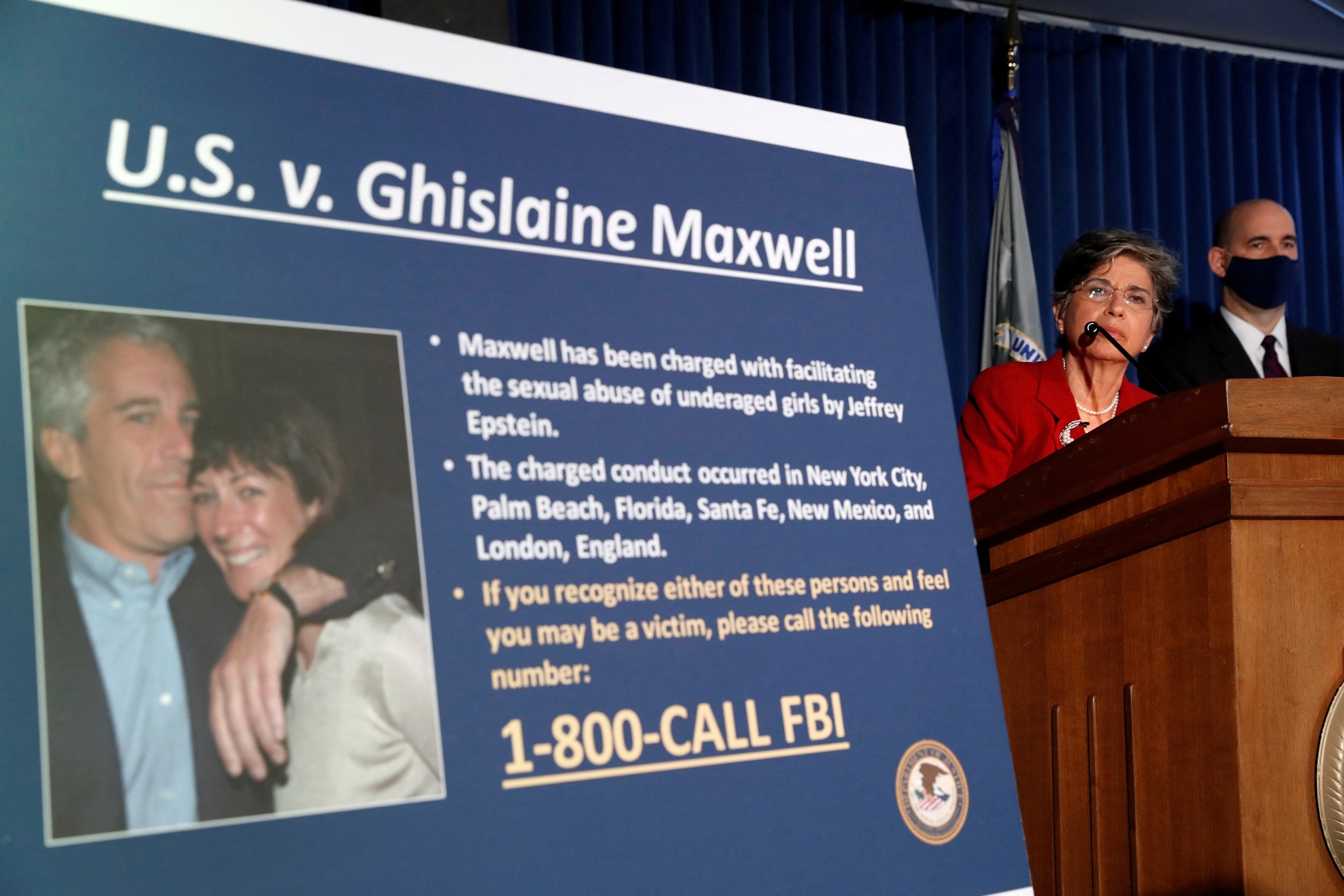 PHOTO: A news conference announcing charges against Ghislaine Maxwell for her role in the sexual exploitation and abuse of minor girls by Jeffrey Epstein in New York City, New York, U.S., July 2, 2020.