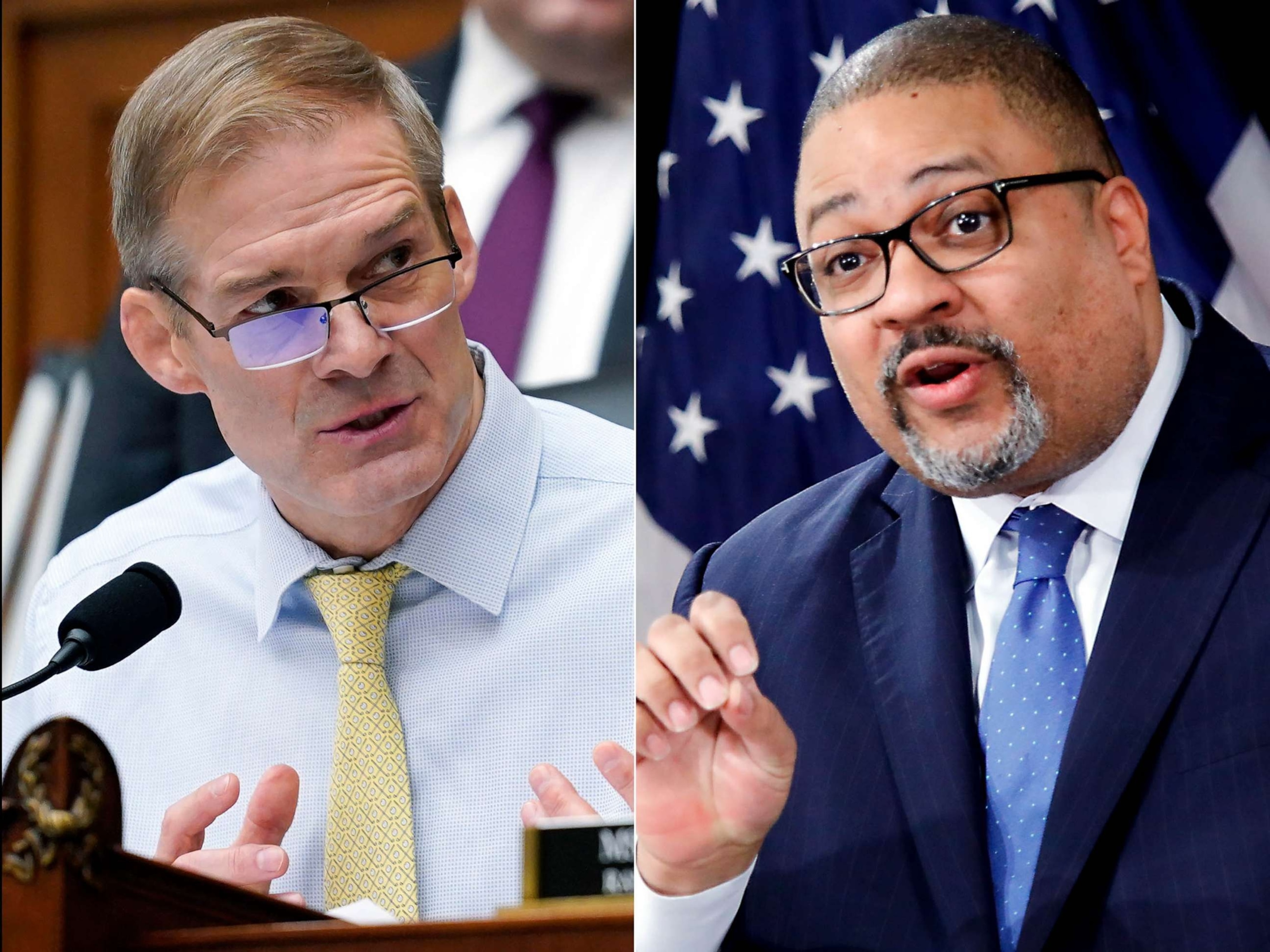 PHOTO: Rep. Jim Jordan, left, and Manhattan District Attorney Alvin Bragg are seen in this split photo