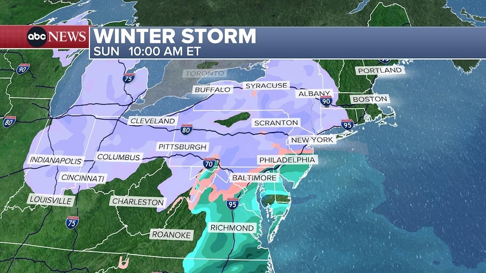 PHOTO: Snow will begin on Sunday morning and while there will be a few breaks in the snow, it will generally be snowing through Monday evening.