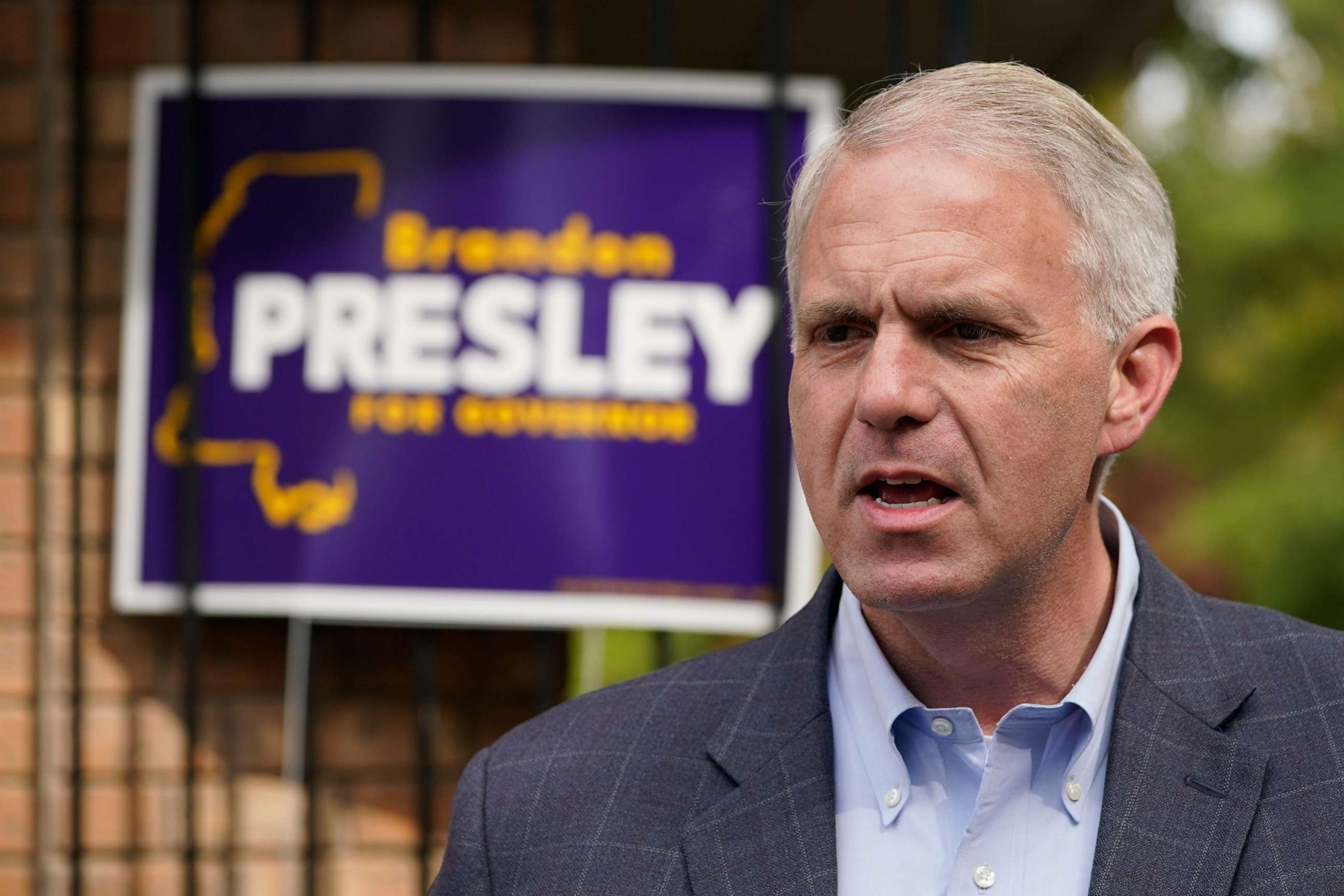 PHOTO: Mississippi Democratic nominee for governor, Brandon Presley, speaks to reporters, Nov. 6, 2023, in Jackson, Miss.