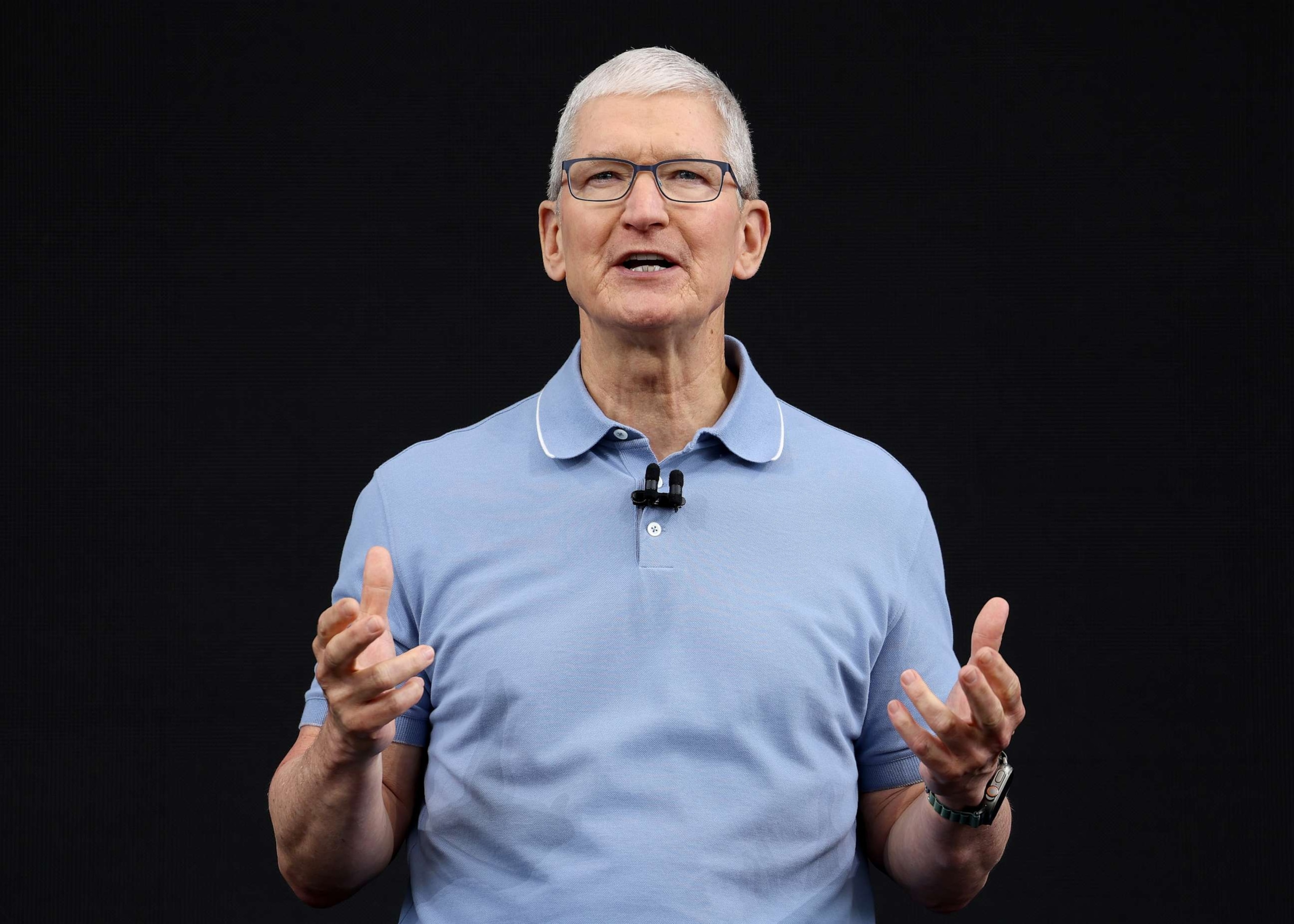 PHOTO: Apple CEO Tim Cook speaks before the start of the Apple Worldwide Developers Conference on June 05, 2023 in Cupertino, Calif.