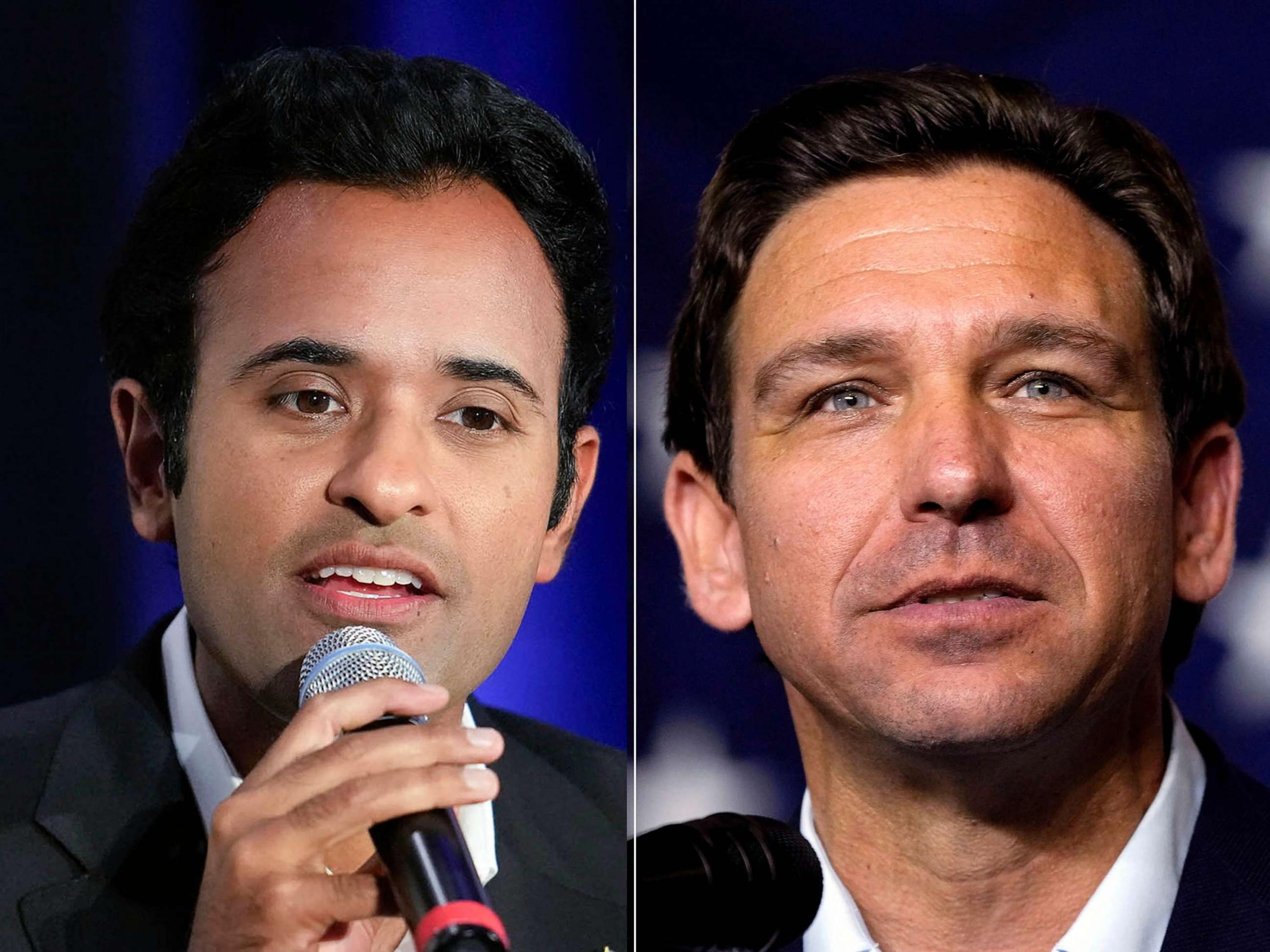 PHOTO: This combination of photos shows Republican presidential candidates Florida Gov. Ron DeSantis, and Vivek Ramaswamy