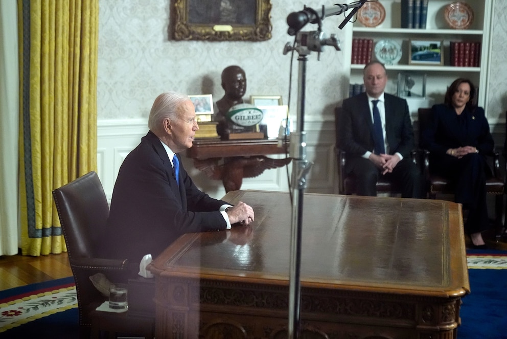 PHOTO: President Joe Biden speaks during his farewell address at the White House in Washington, D.C., Jan. 15, 2025, as second gentleman Doug Emhoff and Vice President Kamala Harris listen. 