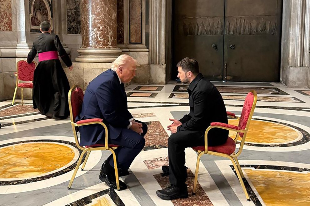 PHOTO: In this handout photograph taken and released by the Ukrainian Presidential Press Service in Kyiv, Ukraine, on April 26, 2025, President Volodymyr Zelenskyy meets with President Donald Trump at St. Peter's Basilica at the Vatican.