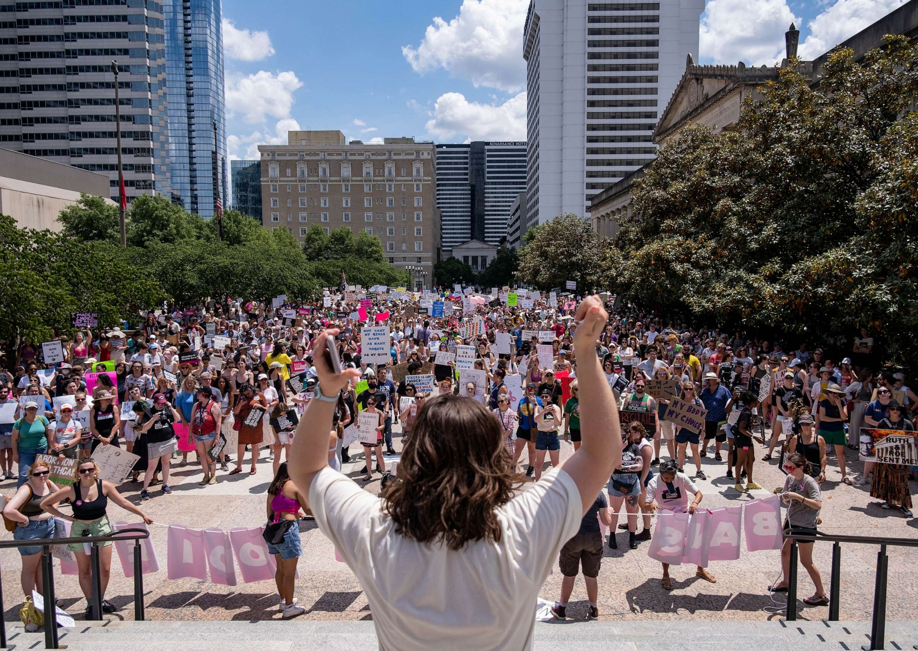 PHOTO:IN this May 14, 2022, file photo, a member of the national Planned Parenthood association speaks to hundreds gathered near the Tennessee State Capital building in Nashville, Tenn.