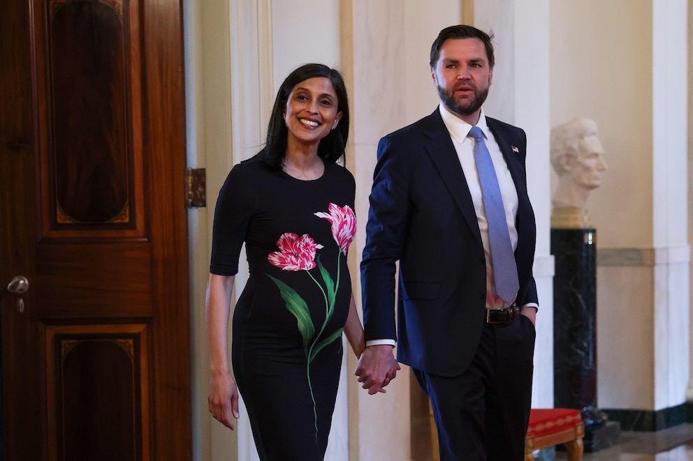Second lady Usha Vance and U.S. Vice President JD Vance arrive for a military mothers celebration in the East Room of the White House on May 6, 2026, in Washington, D.C.