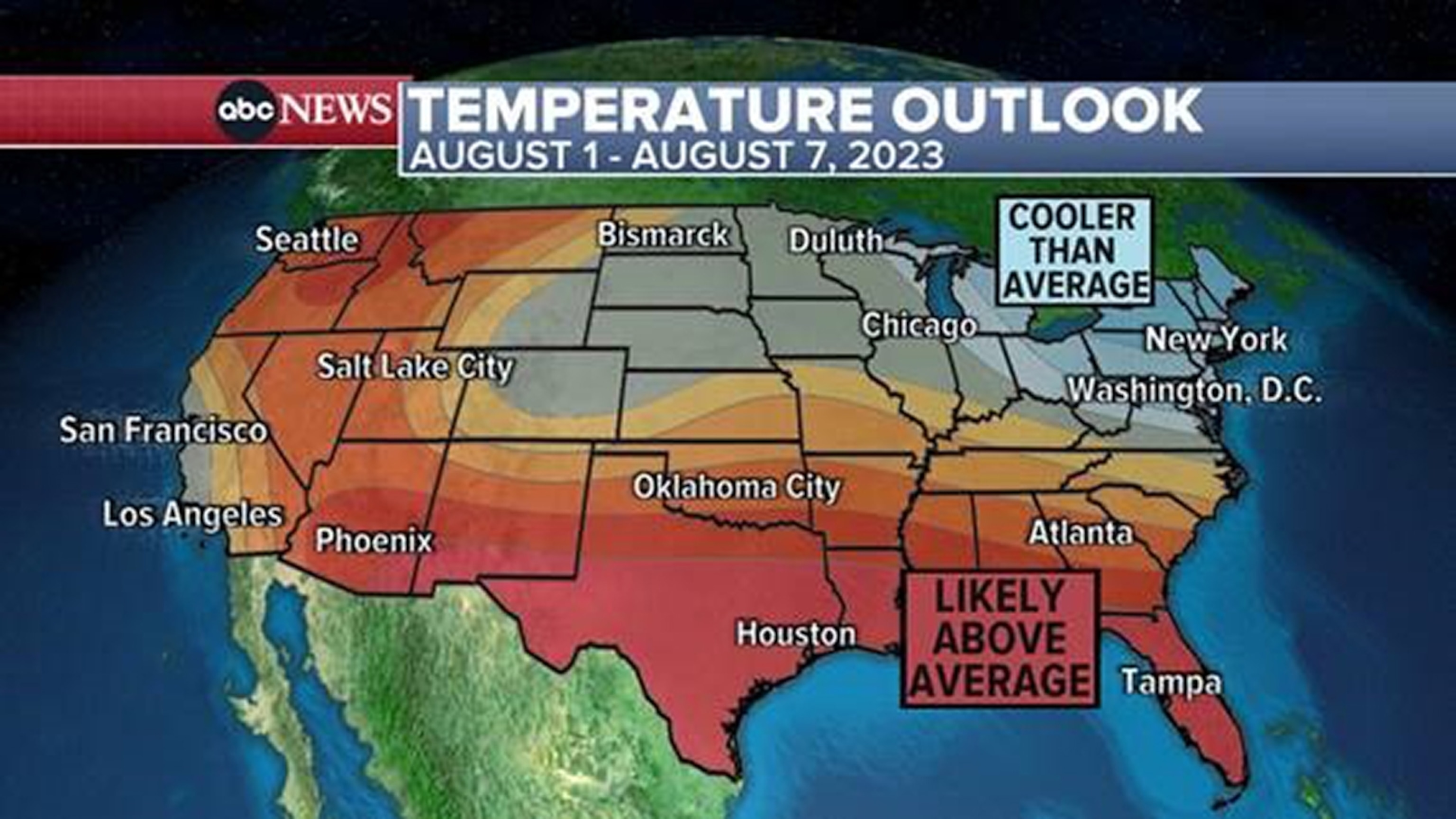 PHOTO: A map shows the forecasted temperature outlook for the Unites States during Aug. 1-7, 2023.