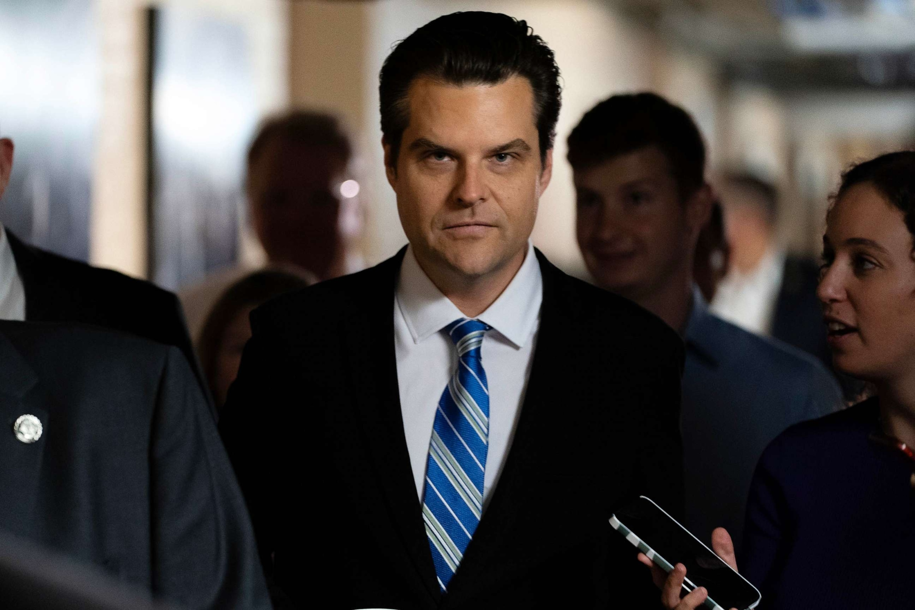 PHOTO: House Freedom Caucus member Rep. Matt Gaetz arrives for a meeting of the Republican House caucus, Sept. 30, 2023 in Washington, DC.