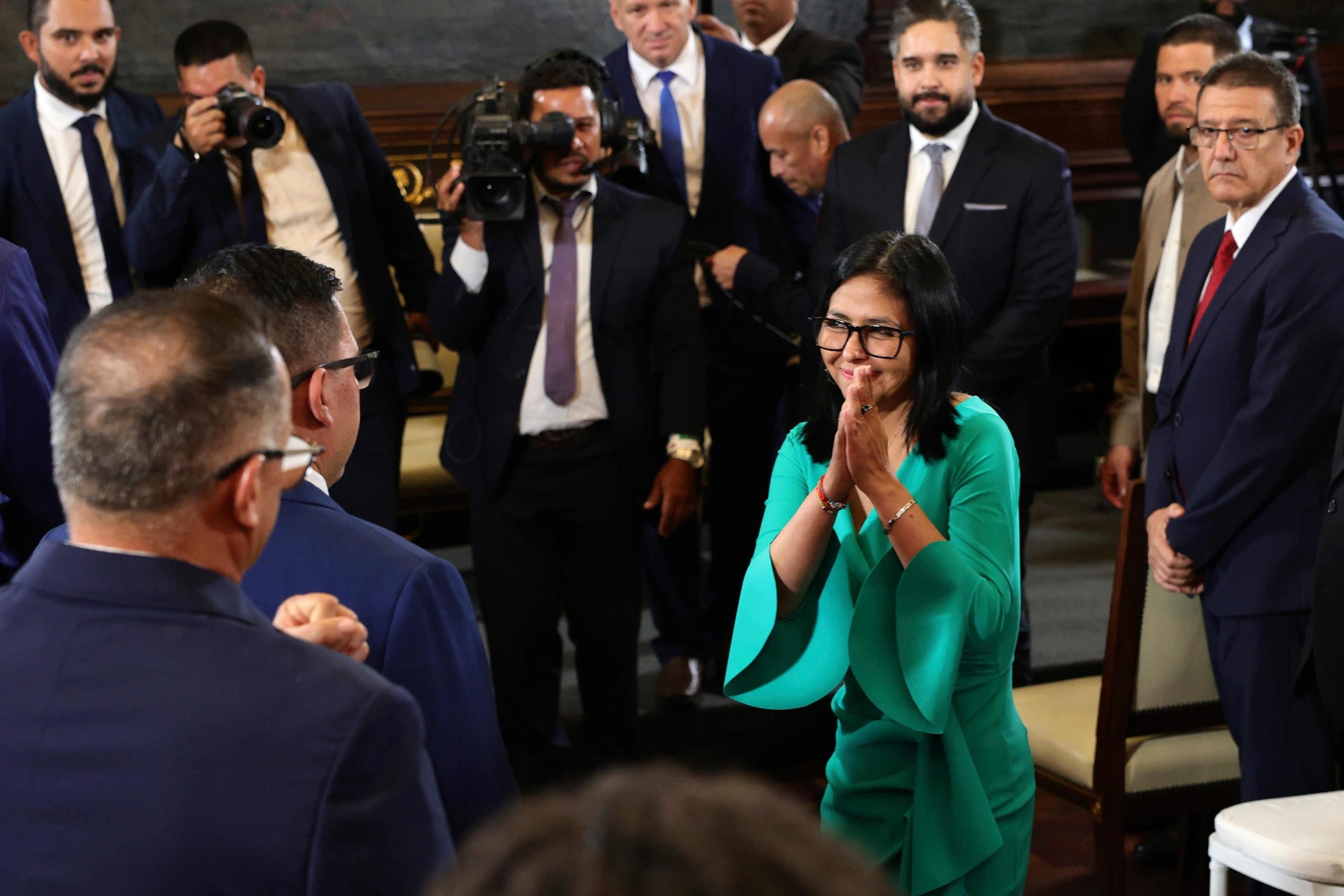 PHOTO: Vice President of Venezuela Delcy Rodriguez reacts after being sworn in as Acting President of Venezuela during the inaugural session for the 2026-2031 Legislative Constitutional Period at Palacio Federal Legislativo, January 05, 2026 in Caracas.