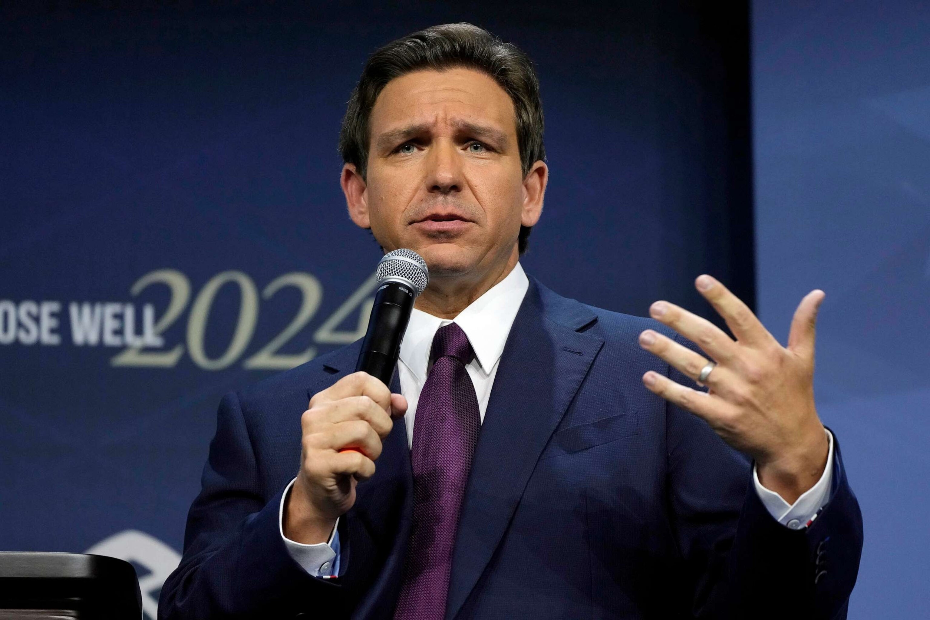 PHOTO: FILE - Republican presidential candidate Florida Gov. Ron DeSantis speaks during the Family Leadership Summit, July 14, 2023, in Des Moines, Iowa.