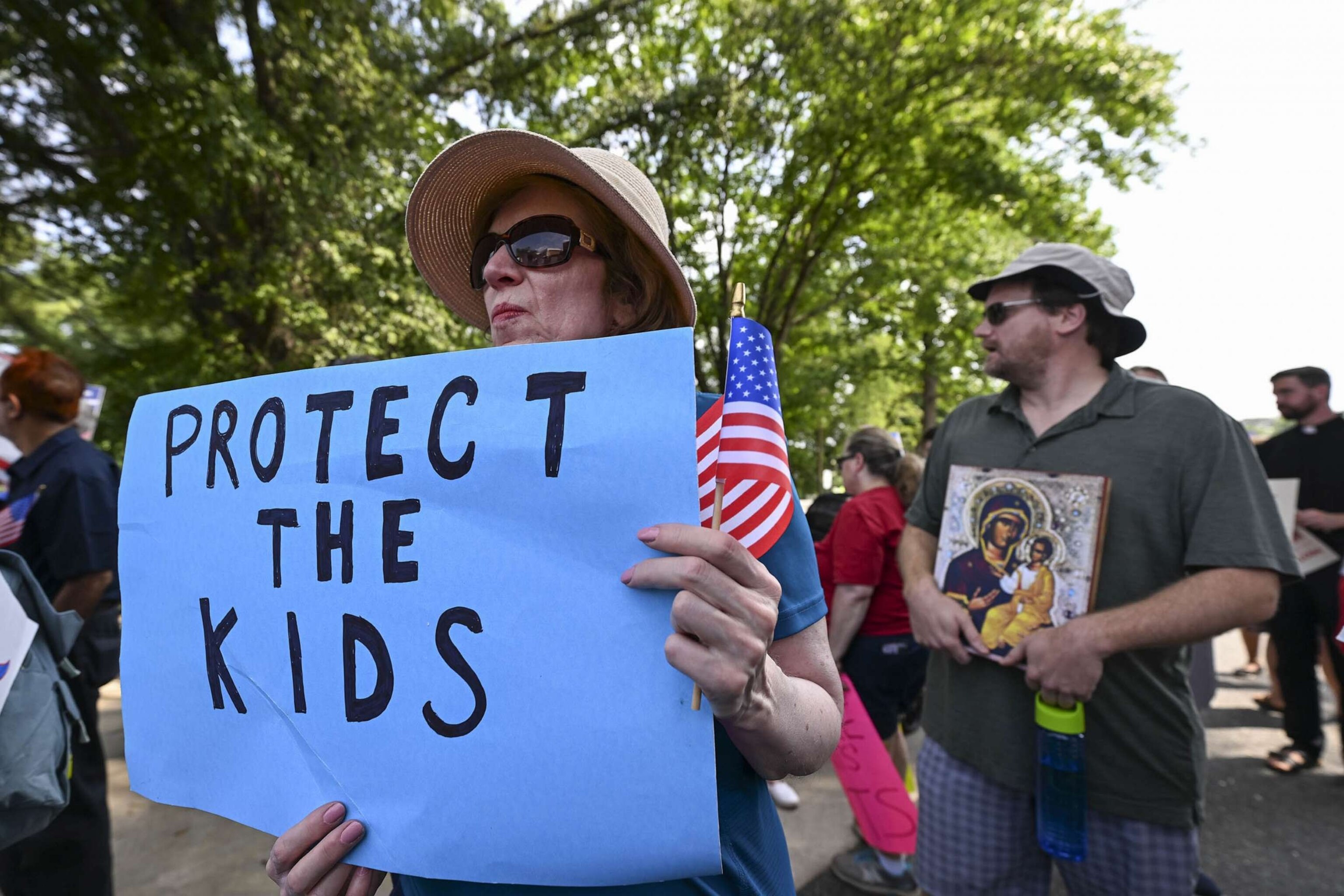 PHOTO: FILE - A group of Montgomery County parents gather outside MCPS Board of Education to protest a policy that doesn't allow students to opt-out of lessons on gender and LGBTQ+ issues during the school board meeting in Maryland, July 20, 2023.