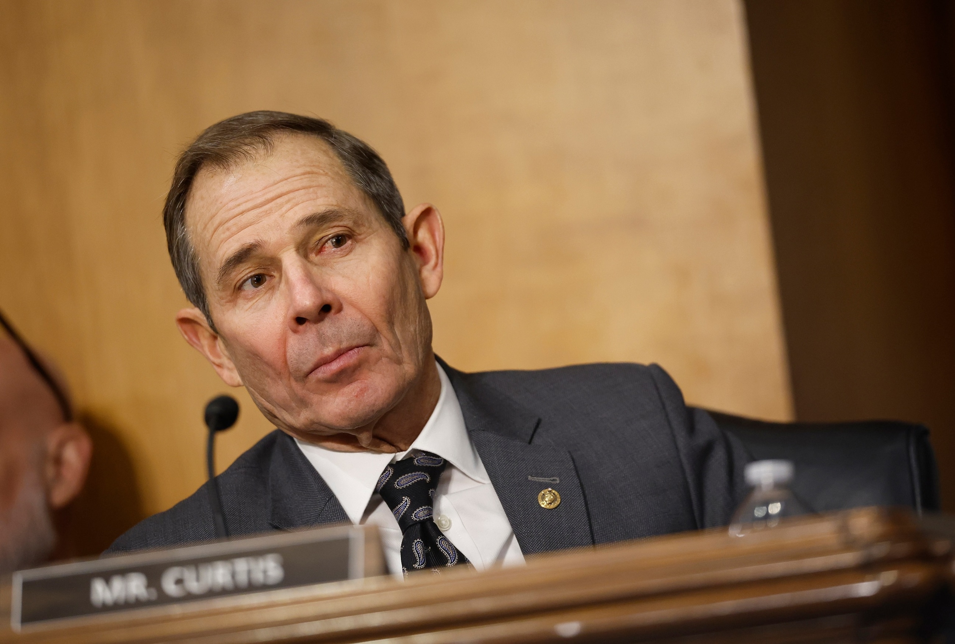 PHOTO: Sen. John  Curtis questions Secretary of State, Sen. Marco Rubio during his Senate Foreign Relations confirmation hearing at Dirksen Senate Office Building on January 15, 2025 in Washington, DC.