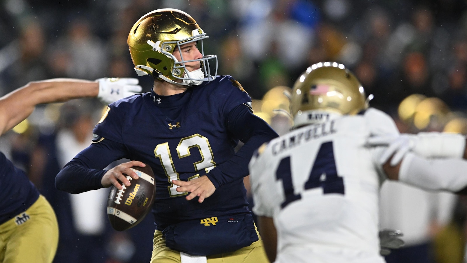 Carr throws 3 TD passes on snowy night to lead No. 10 Notre Dame past Navy, 49-10