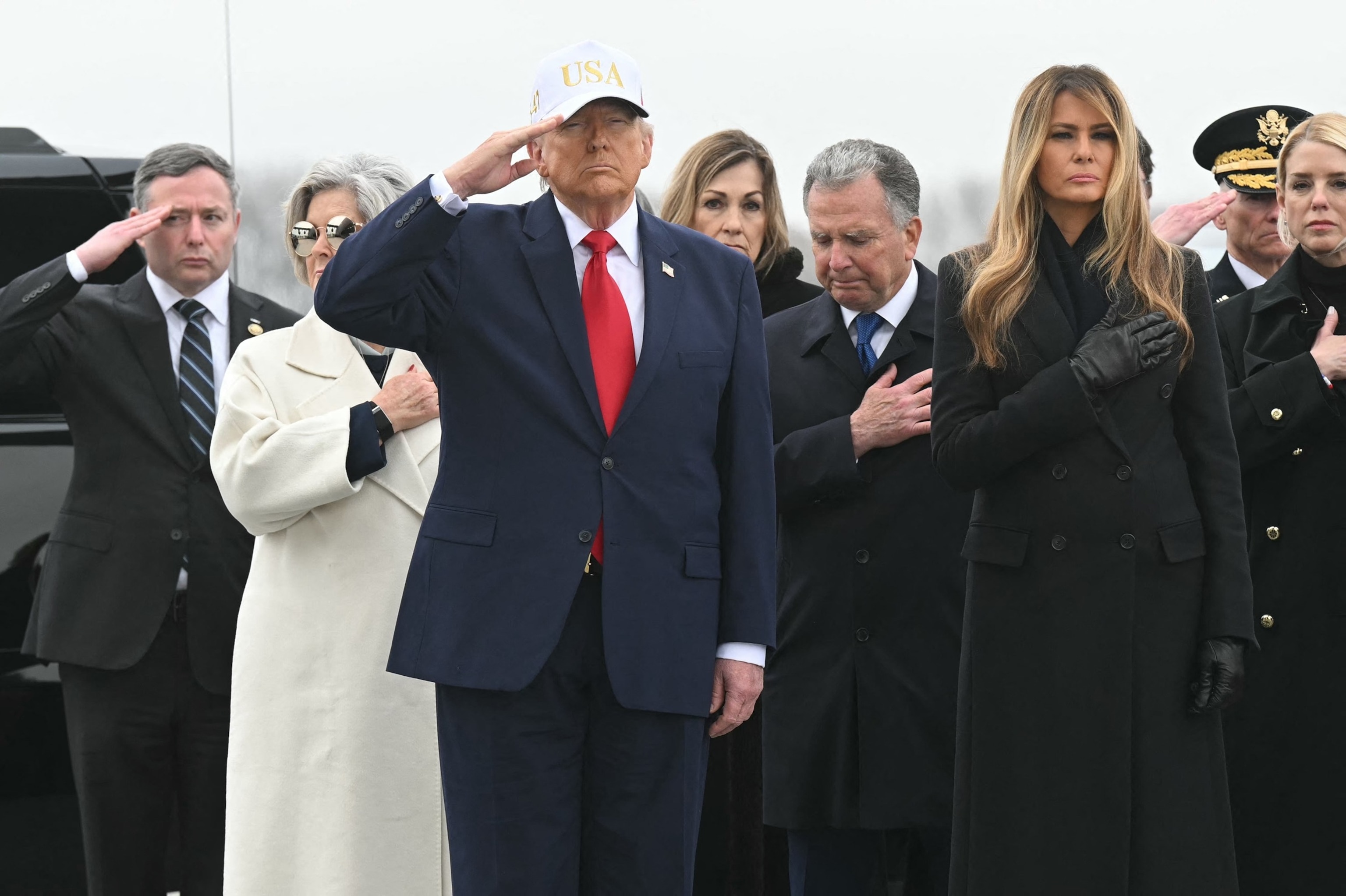 PHOTO: White House chief of staff Susie Wiles, President Donald Trump, special envoy Steve Witkoff, First Lady Melania Trump and Attorney General Pam Bondi attend a dignified transfer event for six US soldiers at Dover Air Force Base, on March 7, 2026.