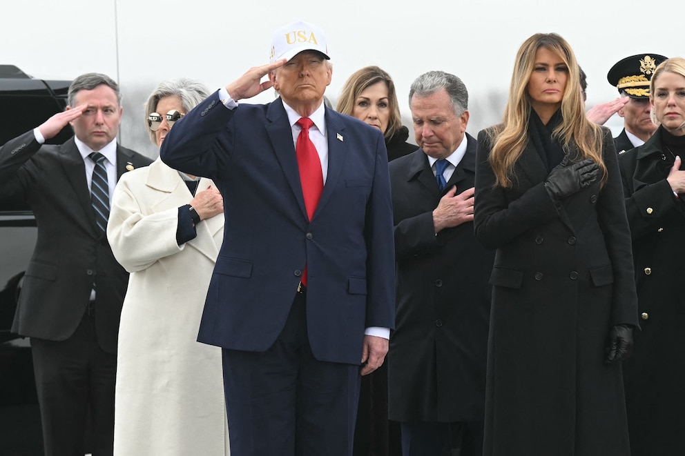 PHOTO: White House chief of staff Susie Wiles, President Donald Trump, special envoy Steve Witkoff, First Lady Melania Trump and Attorney General Pam Bondi attend a dignified transfer event for six US soldiers at Dover Air Force Base, on March 7, 2026.