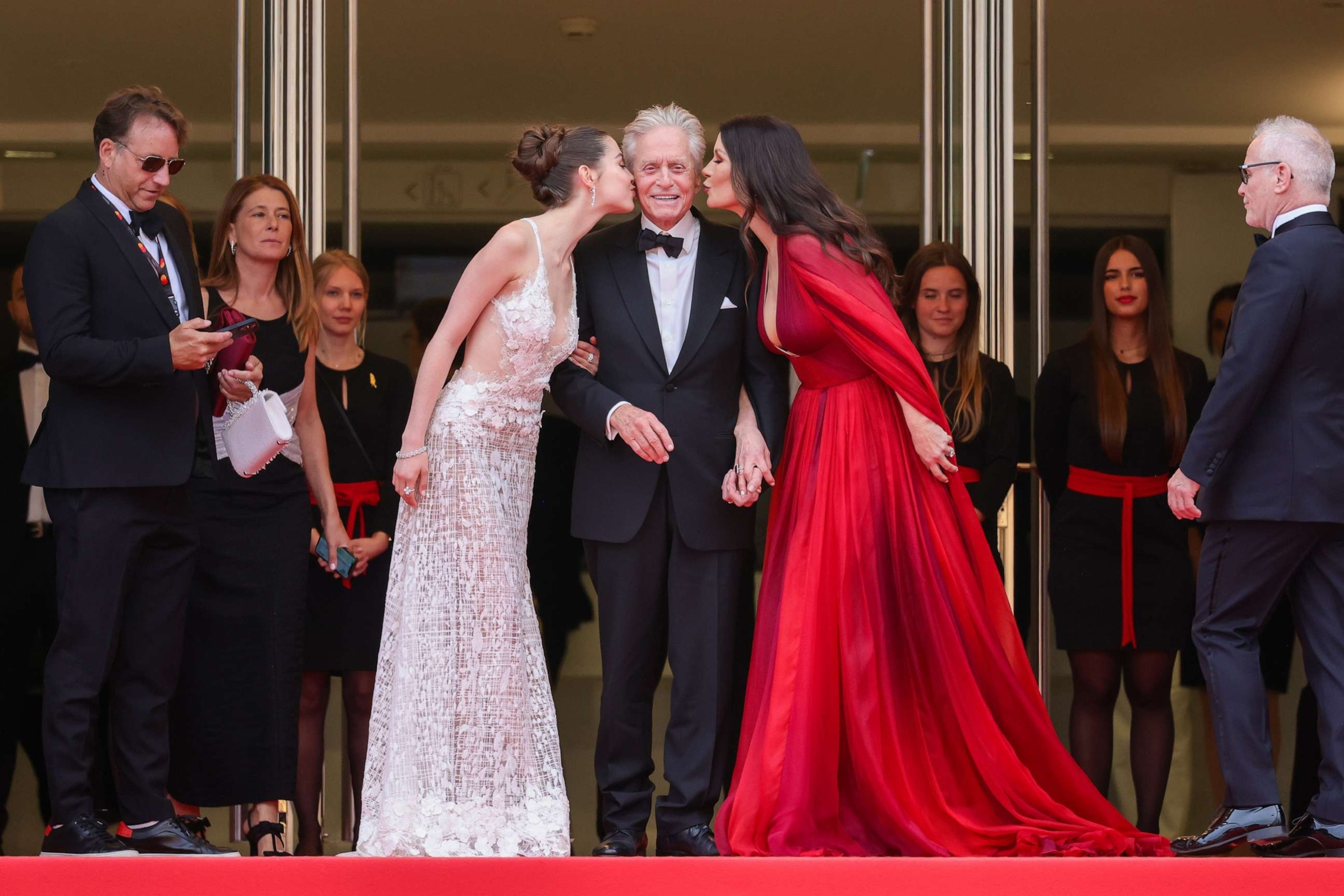 PHOTO: Carys Zeta Douglas, Michael Douglas and Catherine Zeta-Jones attend the "Jeanne du Barry" Screening & opening ceremony red carpet at the 76th annual Cannes Film Festival at Palais des Festivals, May 16, 2023, in Cannes, France.