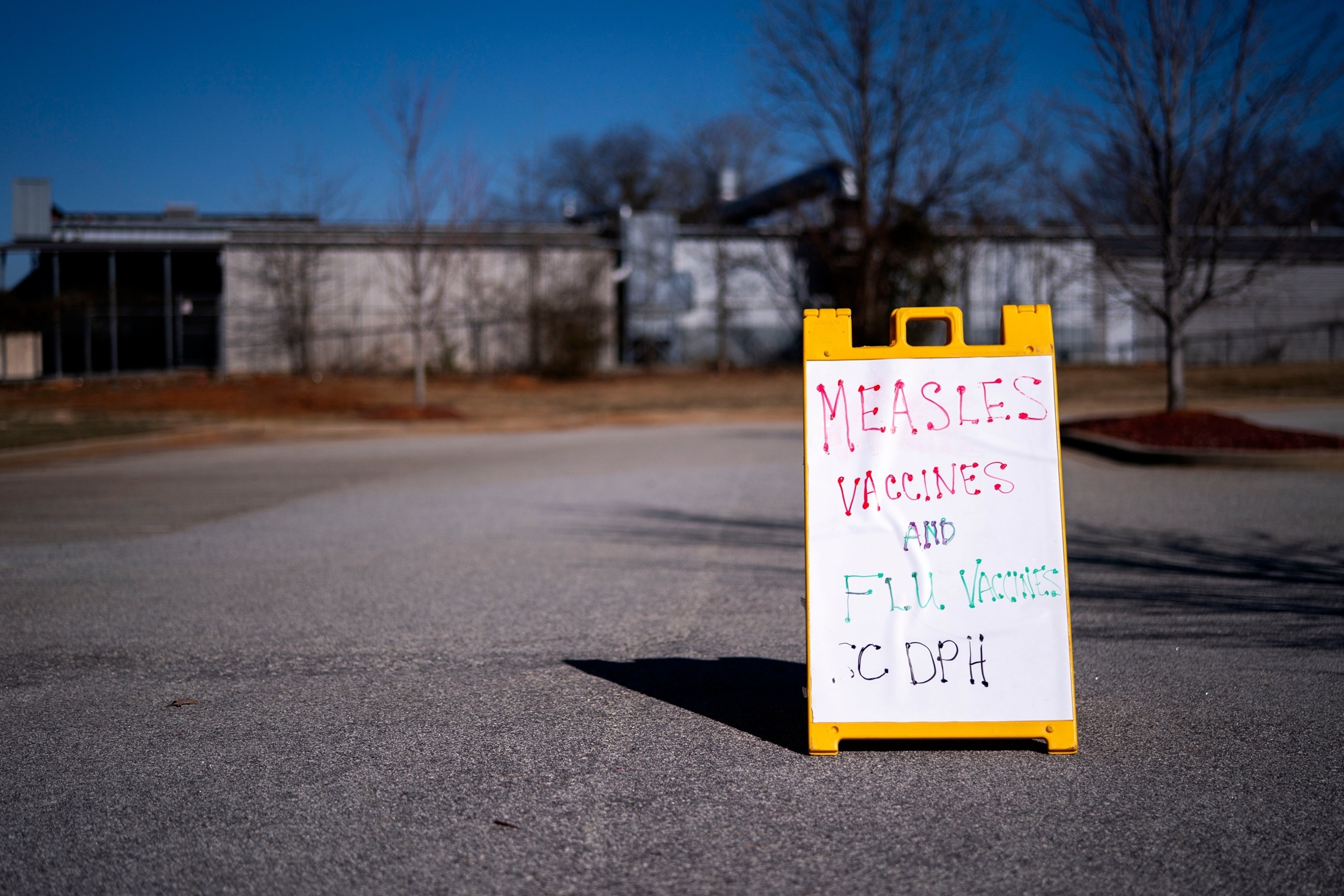PHOTO: A sign is shown outside a mobile clinic offering measles and flu vaccinations on Feb. 6, 2026, in Spartanburg, South Carolina. 