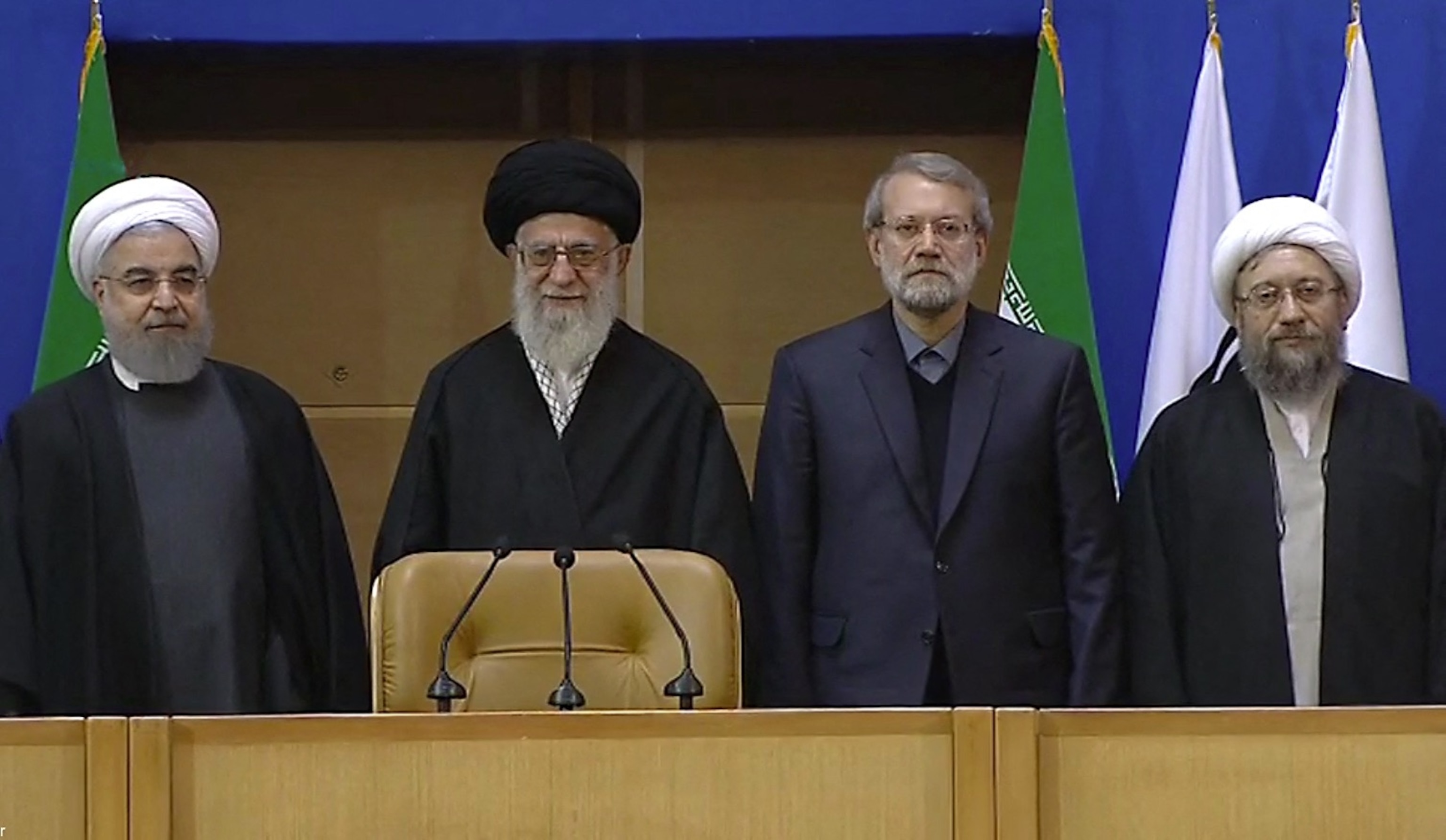 PHOTO: Supreme leader Ayatollah Ali Khamenei and Parliament Speaker Ali Larijani attend the sixth international conference in support of Palestinian intifada (uprising), in Tehran.