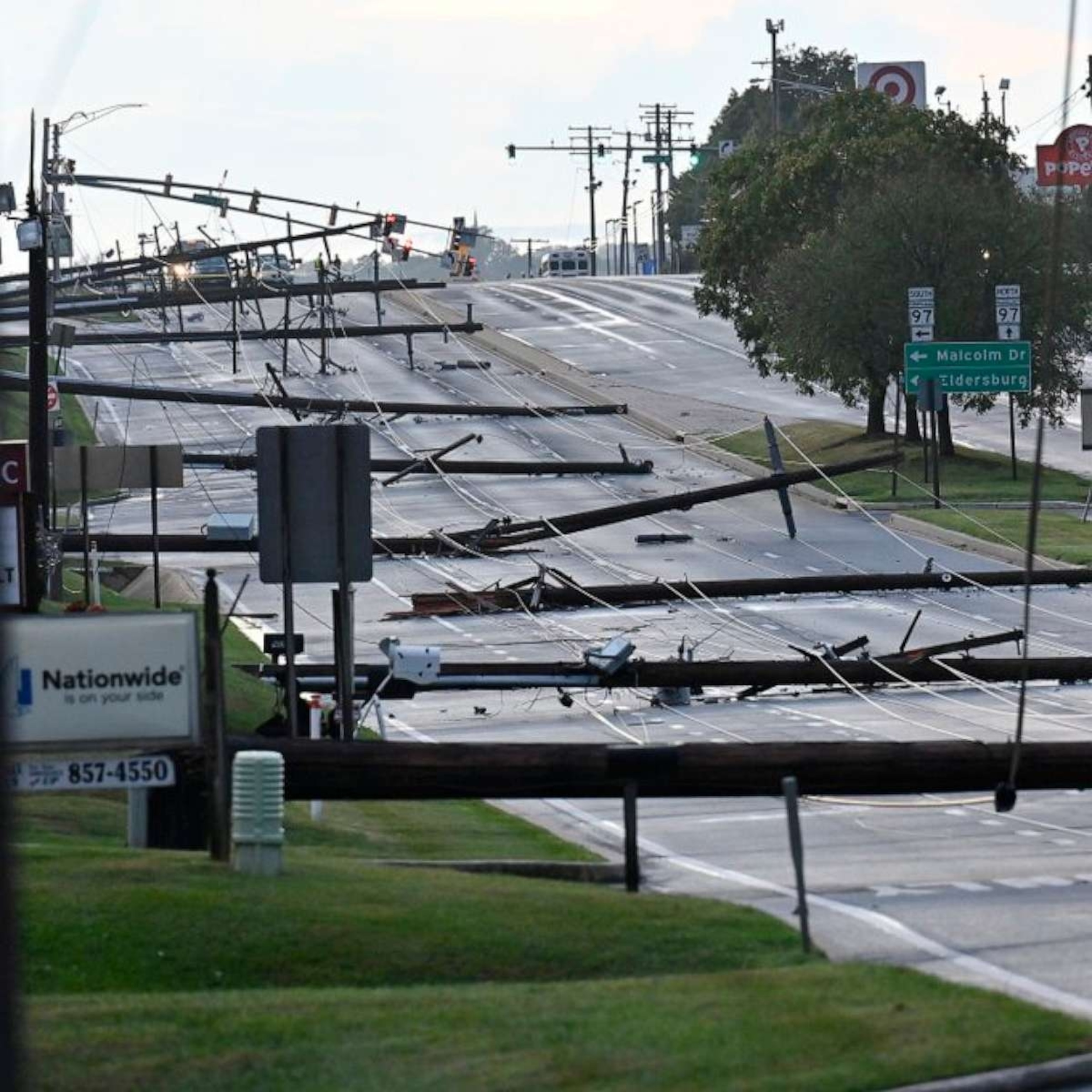 PHOTO: Fallen power lines are seen blocking a road, Aug. 7, 2023, in Westminster, Md.