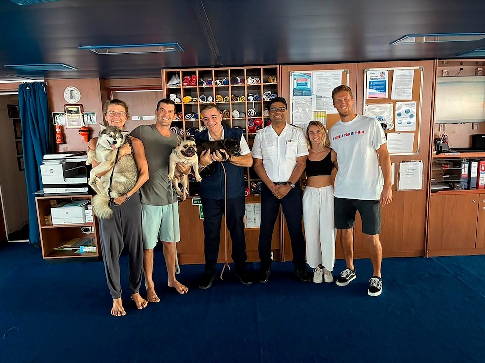 PHOTO: A Carnival Cruise Line ship rescued four people and three dogs from a boat stranded in the Pacific Ocean, May 23, 2025. 