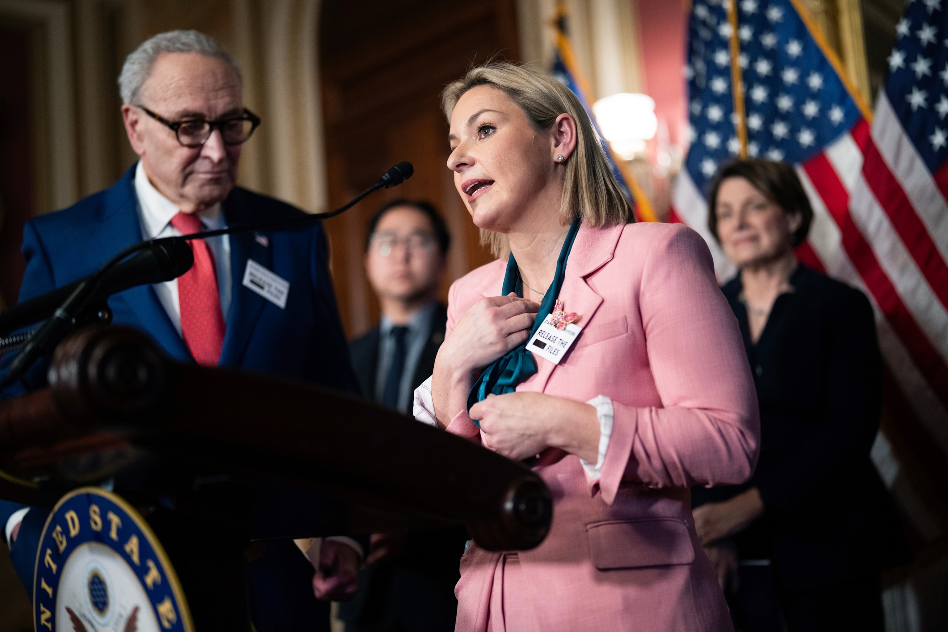 PHOTO: Danielle Bensky, a Jeffrey Epstein survivor, speaks during a news conference ahead of the State of the Union address in the U.S. Capitol, on Feb. 24, 2026. 