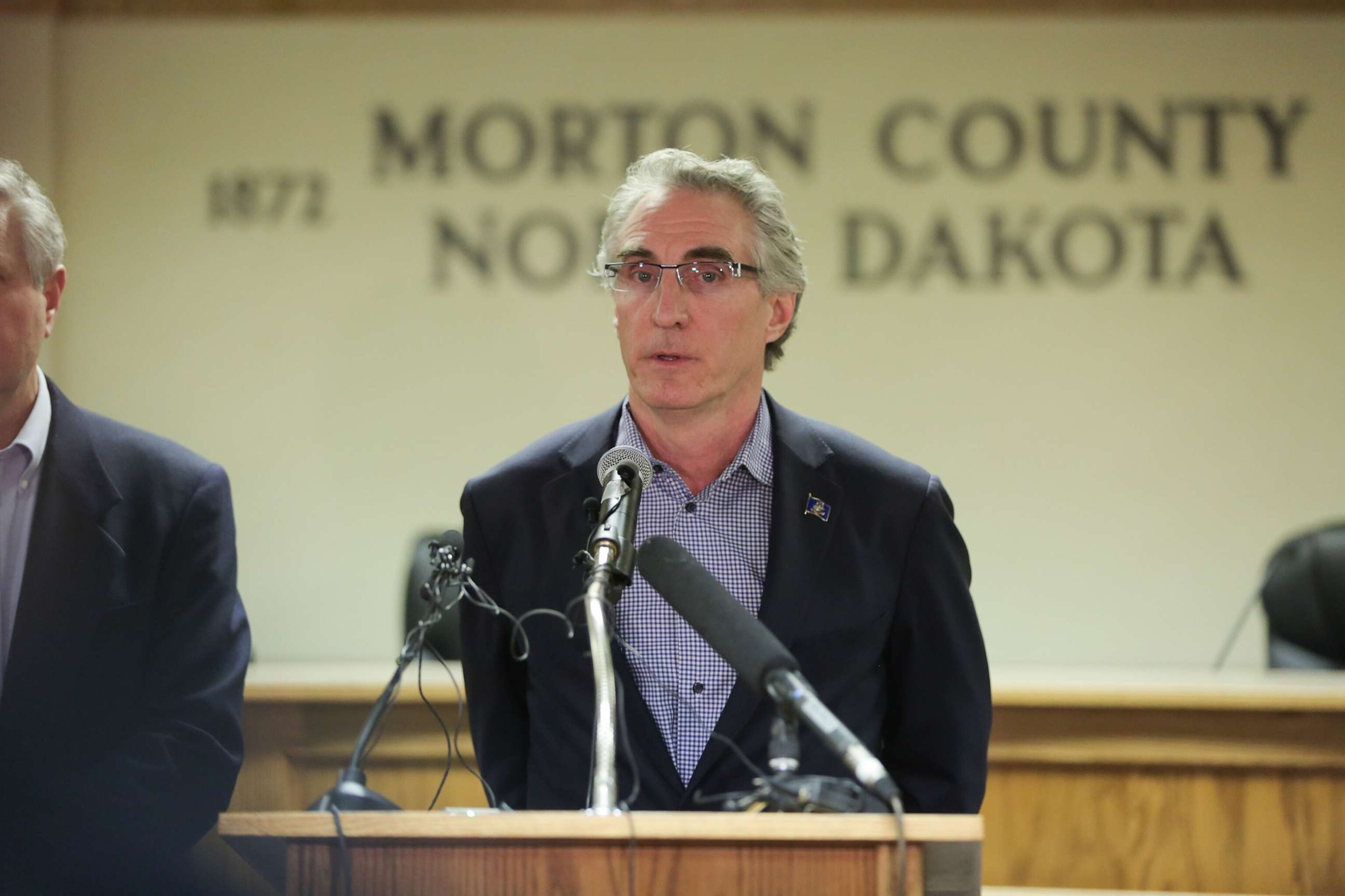 PHOTO: North Dakota Governor Doug Burgum speaks during a press conference announcing plans for the clean up of the Oceti Sakowin protest camp, Feb. 22, 2017, in Mandan, N.D.