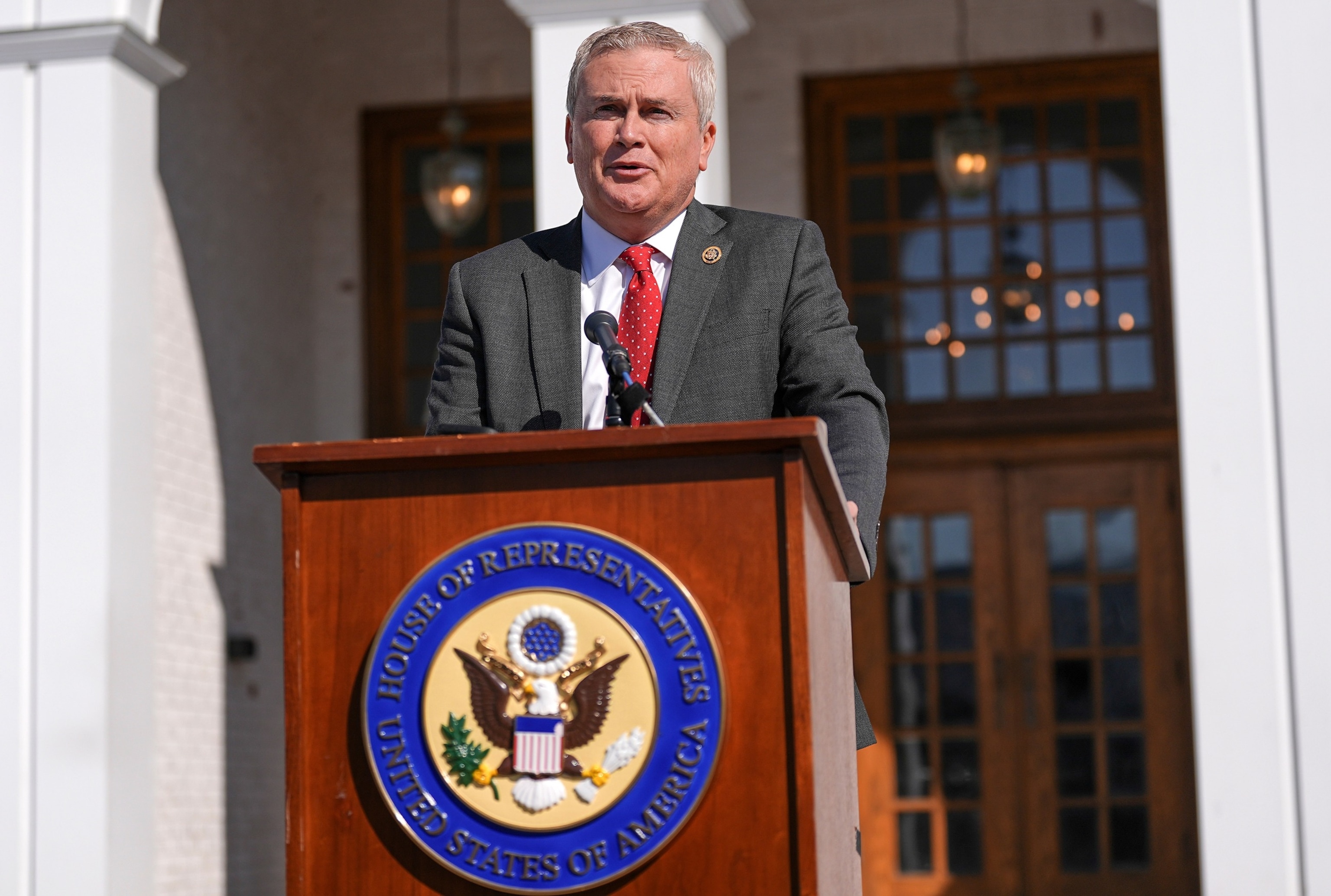 PHOTO: Rep. James Comer speaks outside the Chappaqua Performing Arts Center on Feb. 27, 2026, in Chappaqua, N.Y.