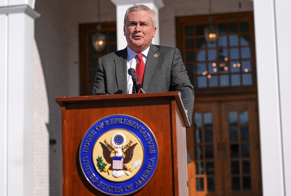 PHOTO: Rep. James Comer speaks outside the Chappaqua Performing Arts Center on Feb. 27, 2026, in Chappaqua, N.Y.
