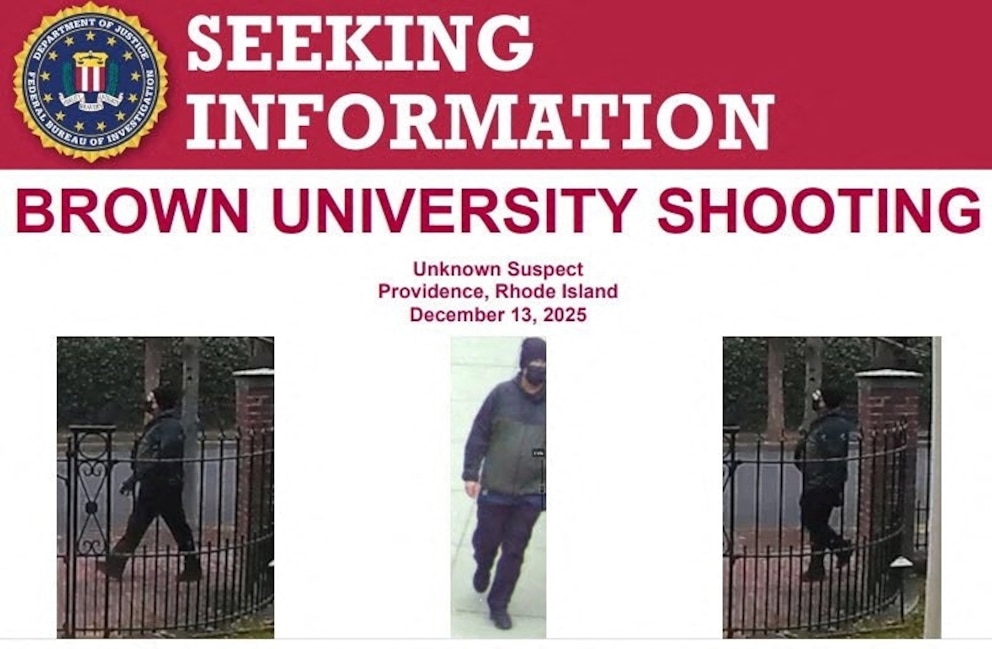 PHOTO: An image shown at a press conference shows a person described as an unknown suspect in the Brown University shooting, as the search for the shooter continues, in Providence, Rhode Island, Dec. 15, 2025.