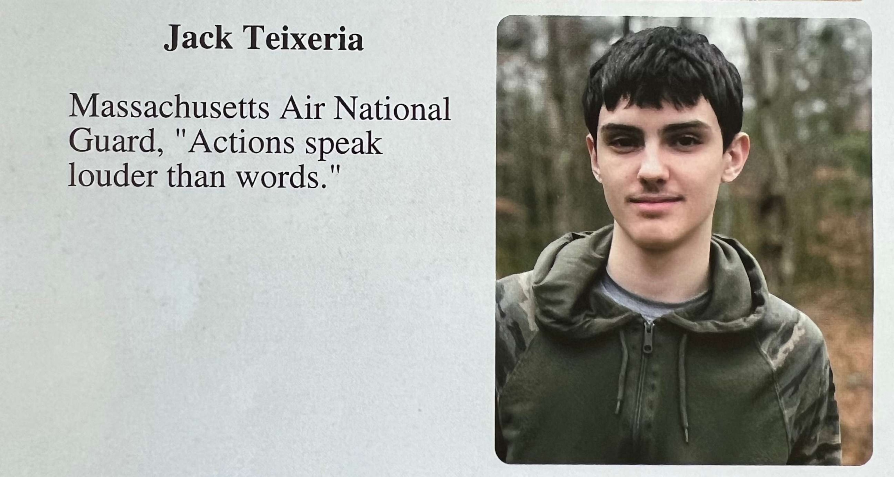 PHOTO: Jack Teixeira's 2020 high school yearbook photo includes the quote, "Actions speak louder than words," and misspells is last name.