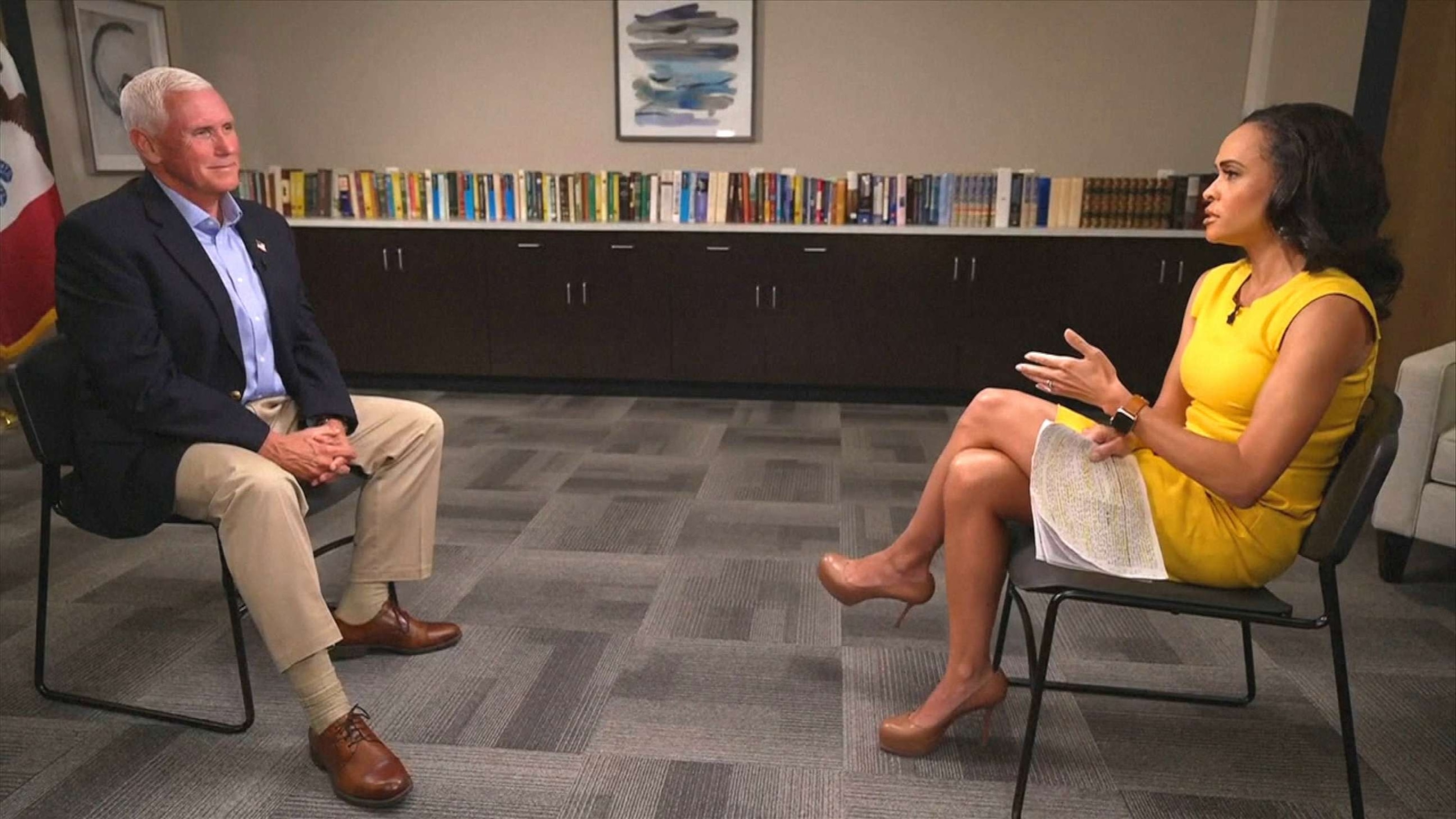 PHOTO: Republican U.S. presidential candidate and former Vice President Mike Pence speaks with ABC News during an interview with Linsey Davis, Aug. 12, 2023.