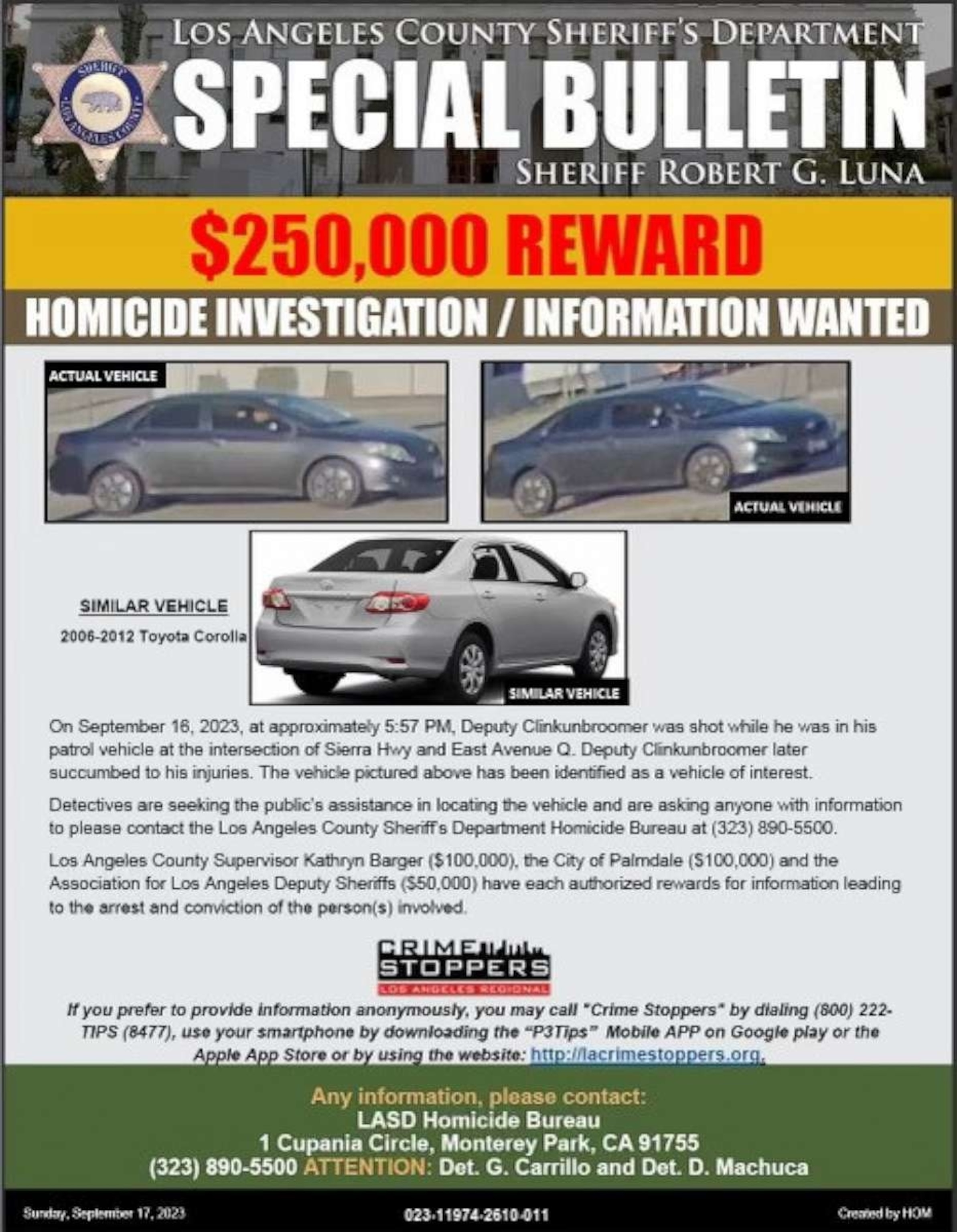 PHOTO: Authorities are searching for a Toyota Corolla in connection with the shooting of a LA sheriff's deputy.