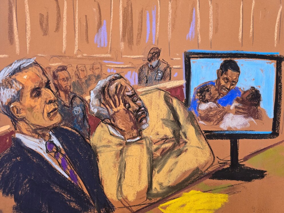 PHOTO: Sean "Diddy" Combs becomes emotional as his children as babies are shown on a screen during a court sentencing, in New York, Oct. 3, 2025, in this courtroom sketch. 