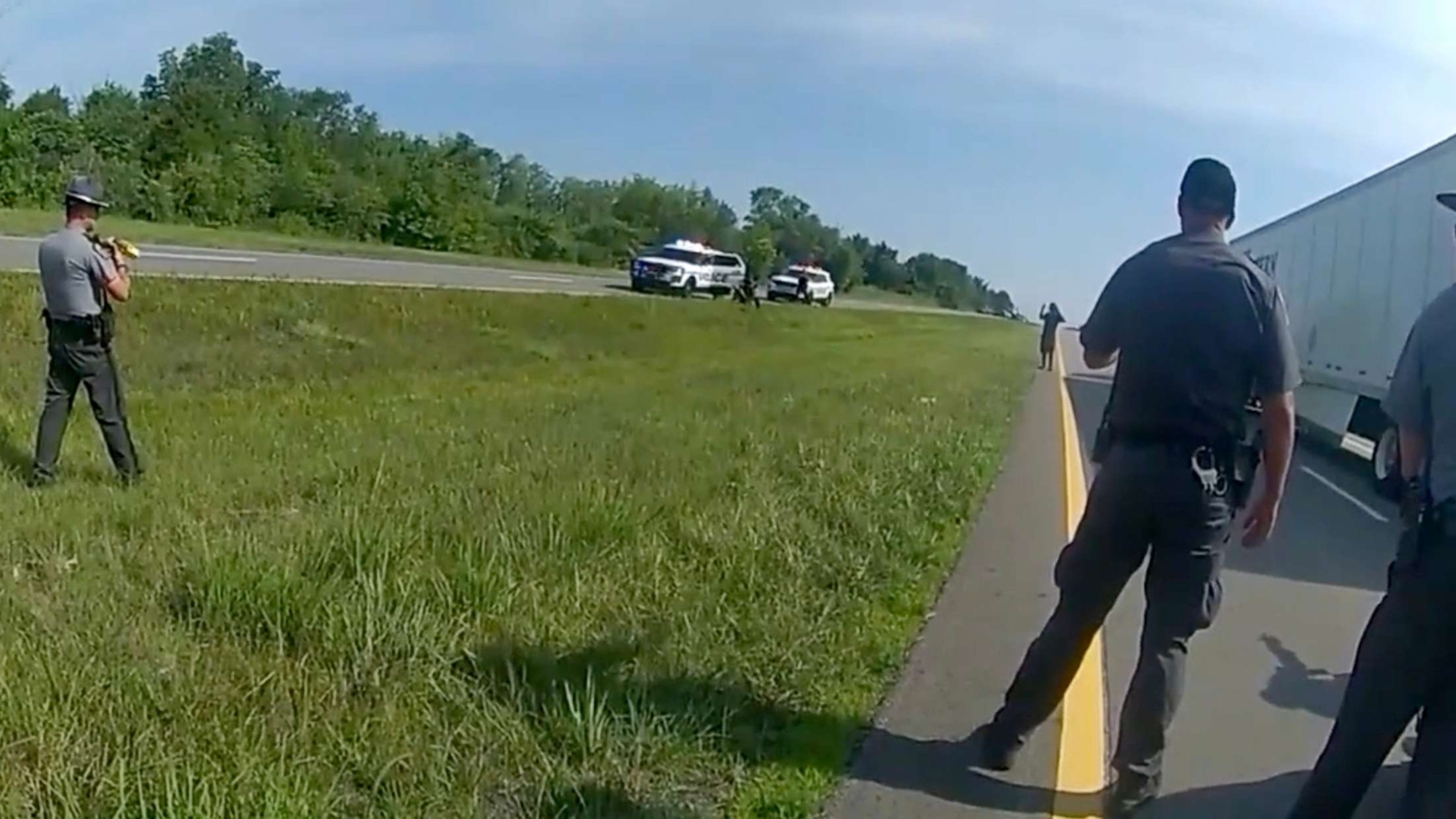 PHOTO: Video showing a police dog attacking and biting a suspect who had his hands up and was on his knees during a July 4, 2023, incident was released on July 23, 2023, by the Ohio State Highway Police.