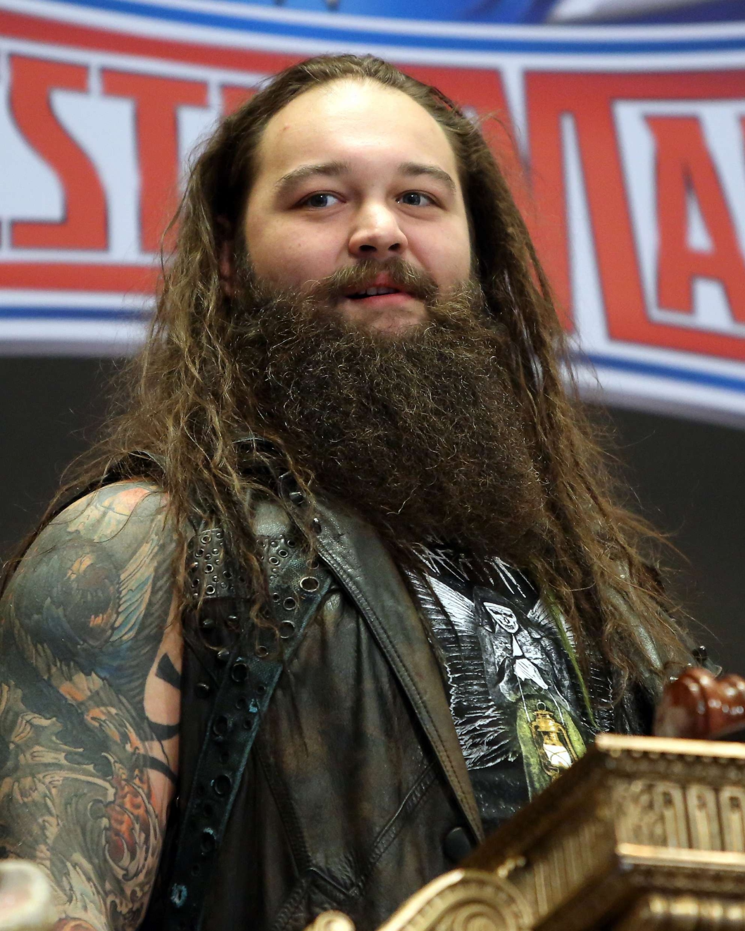 PHOTO: In this March 29, 2016, file photo, WWE professional wrestler Bray Wyatt attends WWE WrestleMania Stars Ring The NYSE Opening Bell at New York Stock Exchange in New York.