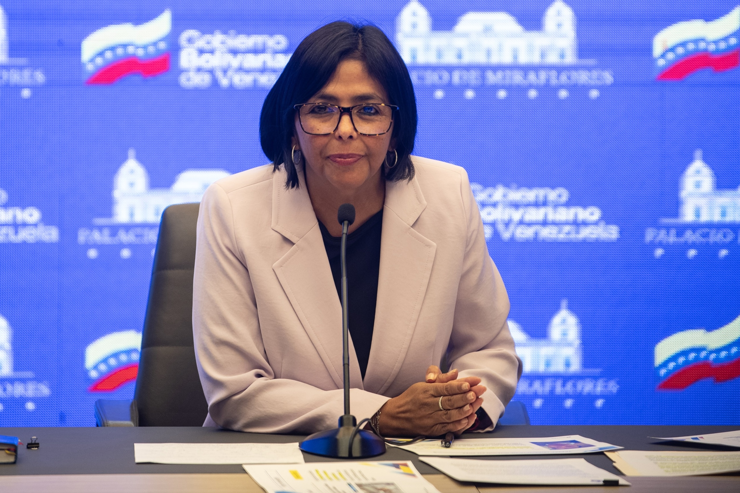 Delcy Rodriguez, Venezuela's vice president, during a news conference at Miraflores Palace in Caracas, Venezuela, on Wednesday, May 3, 2023.