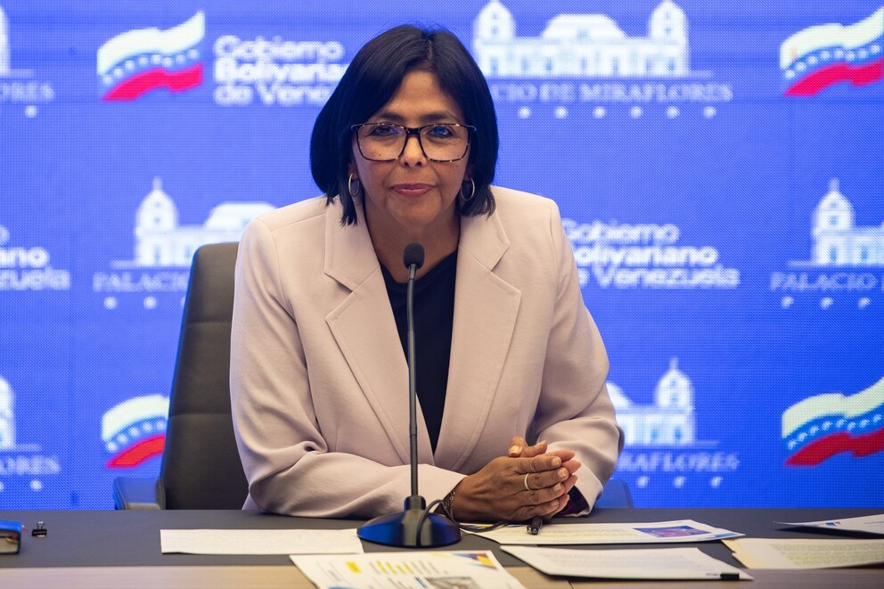 Delcy Rodriguez, Venezuela's vice president, during a news conference at Miraflores Palace in Caracas, Venezuela, on Wednesday, May 3, 2023. 