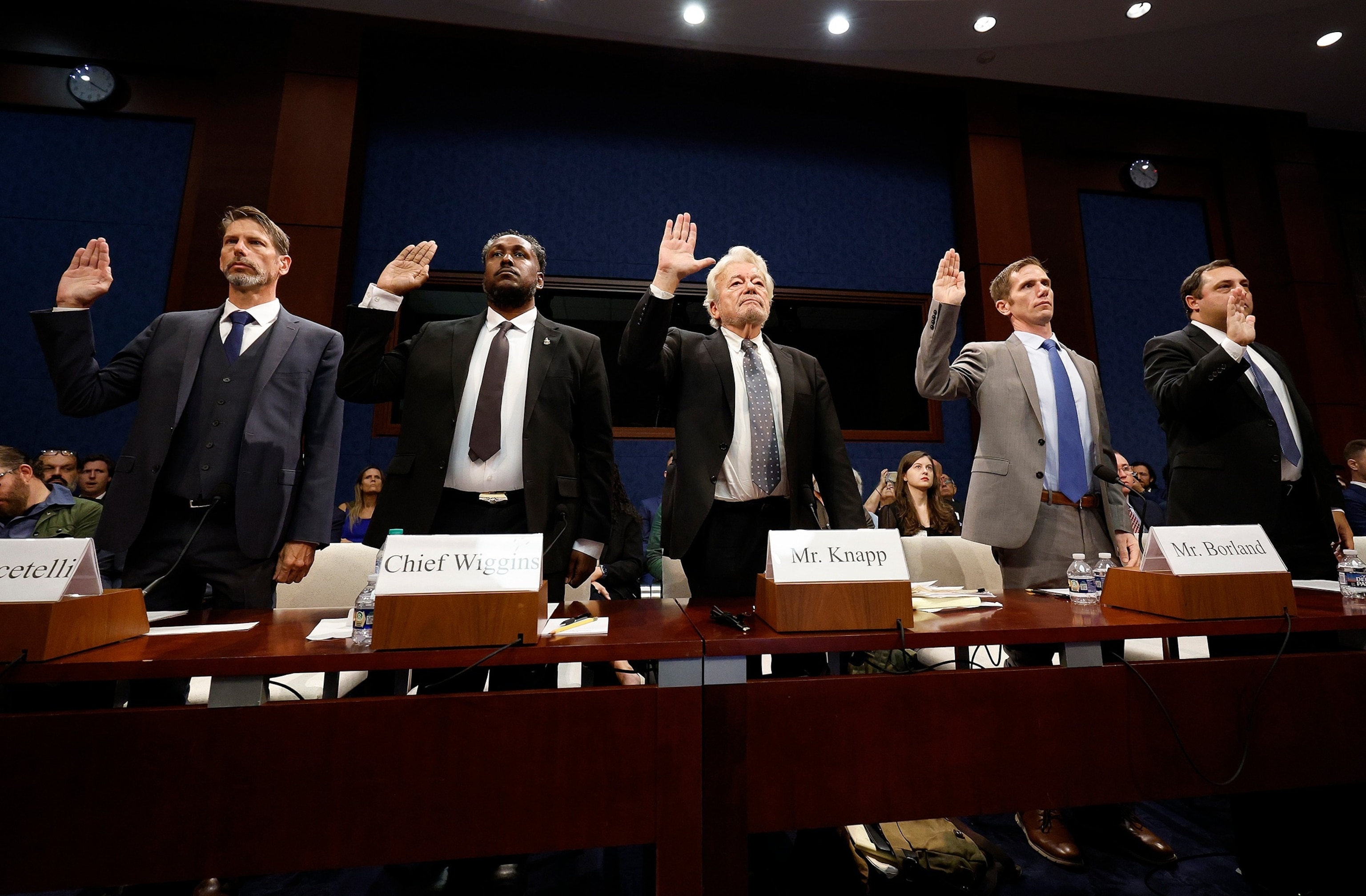 PHOTO: Unidentified Aerial Phenomena (UAP) witnesses are sworn-in before testifying to the House Oversight Committee's Task Force on the Declassification of Federal Secrets at the Capitol, Sept. 9, 2025.